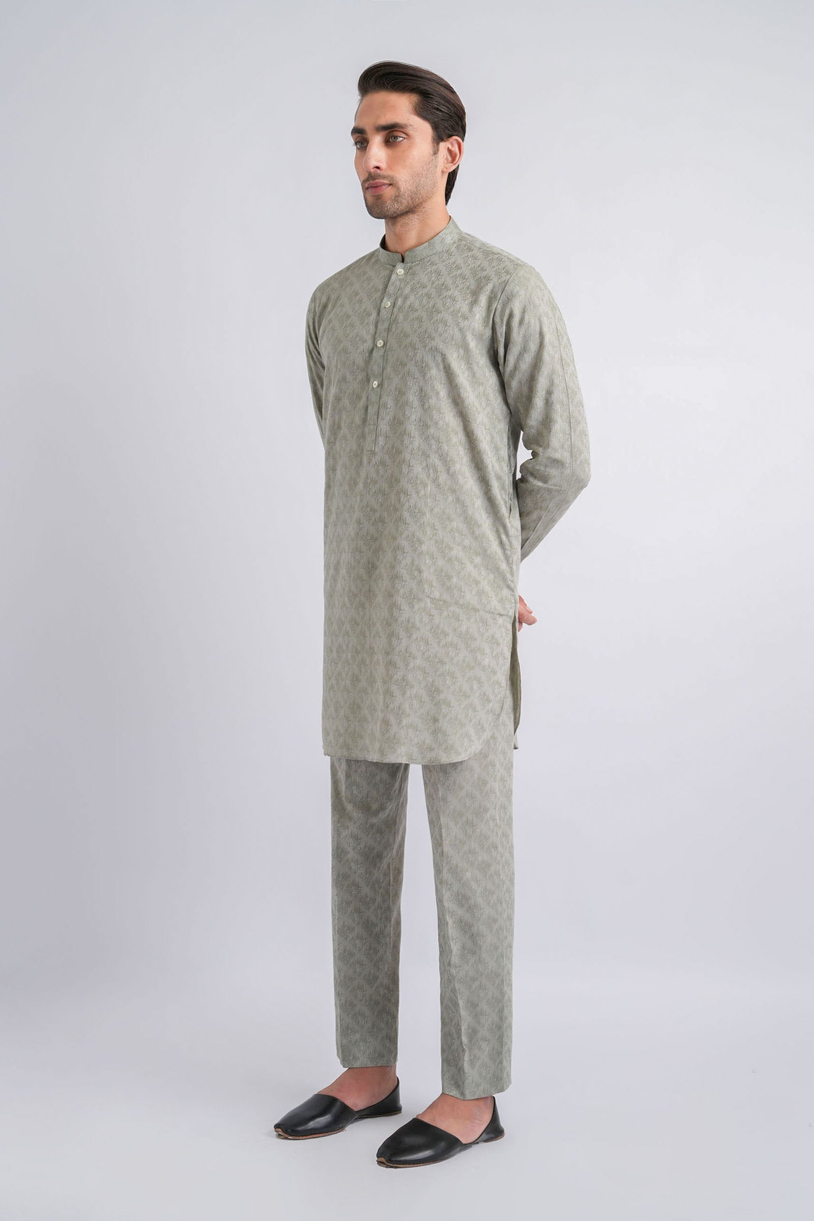 Green Jacquard Kurta Trouser Set (2-Piece) - Image 1