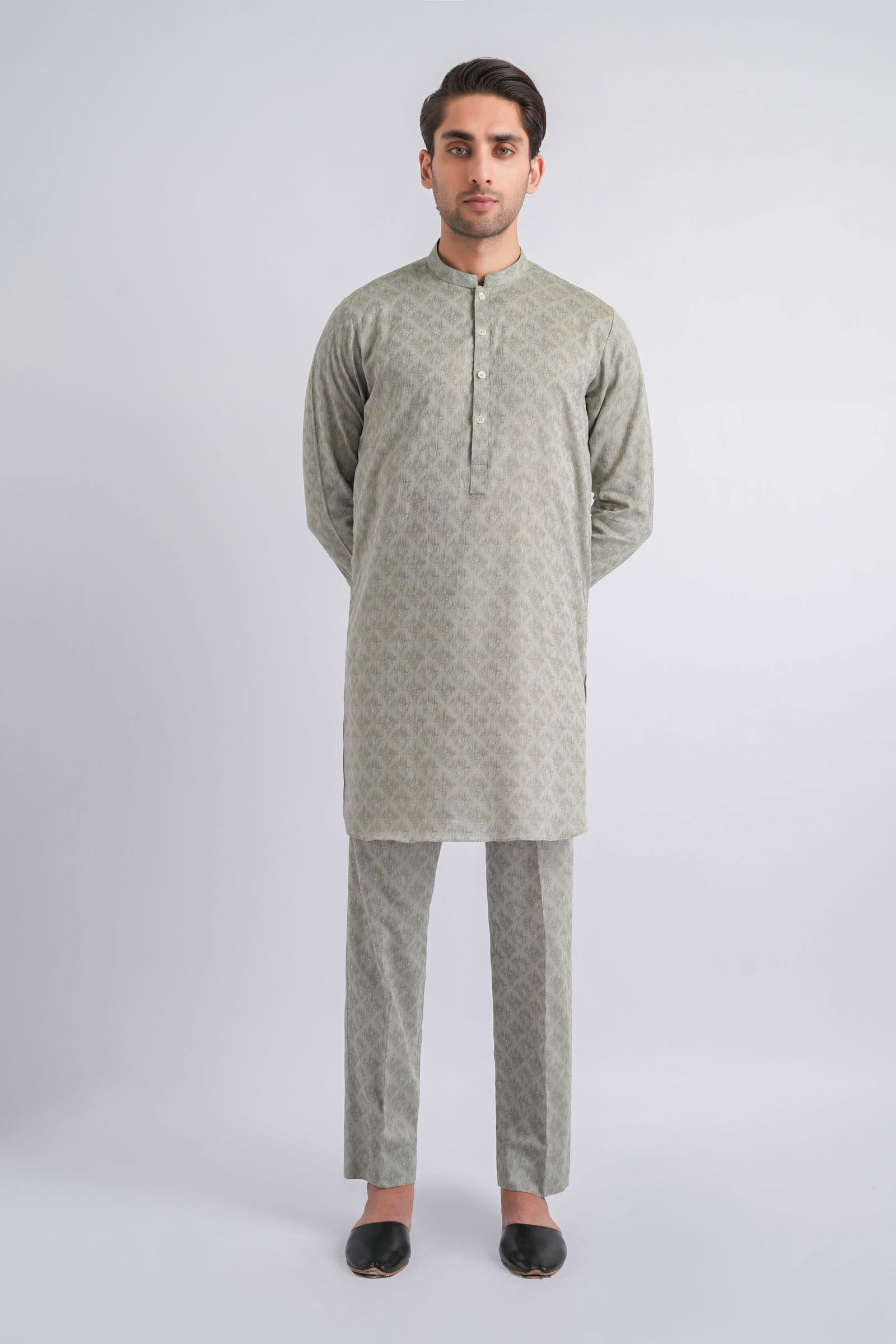 Green Jacquard Kurta Trouser Set (2-Piece) - Image 3