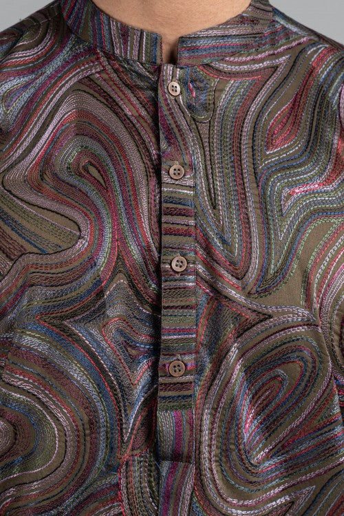 Olive Green Jacquard Kurta Pajama (2-Piece) - Image 1