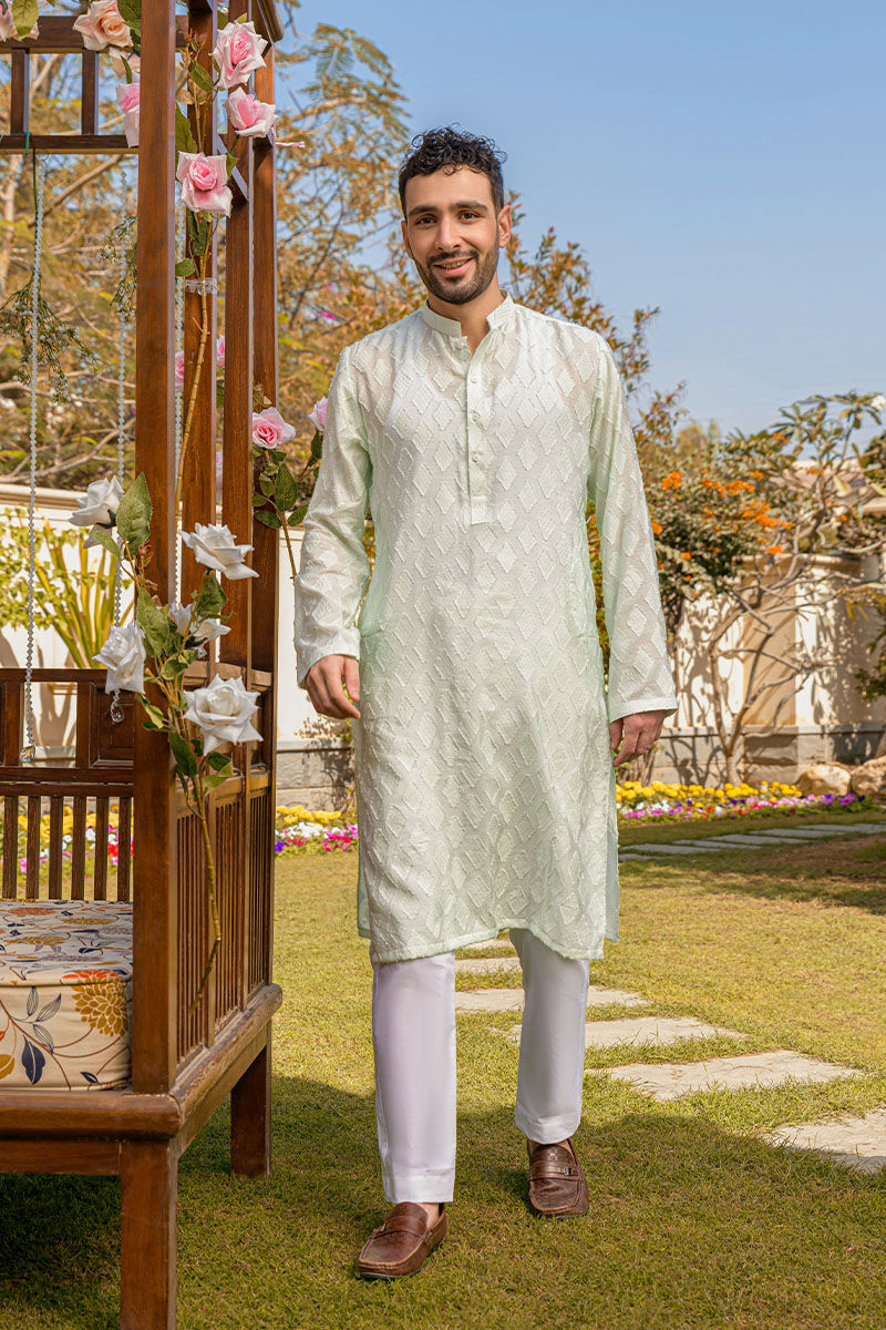 Mint Jacquard Kurta Pajama Set (2-Piece) - Image 1