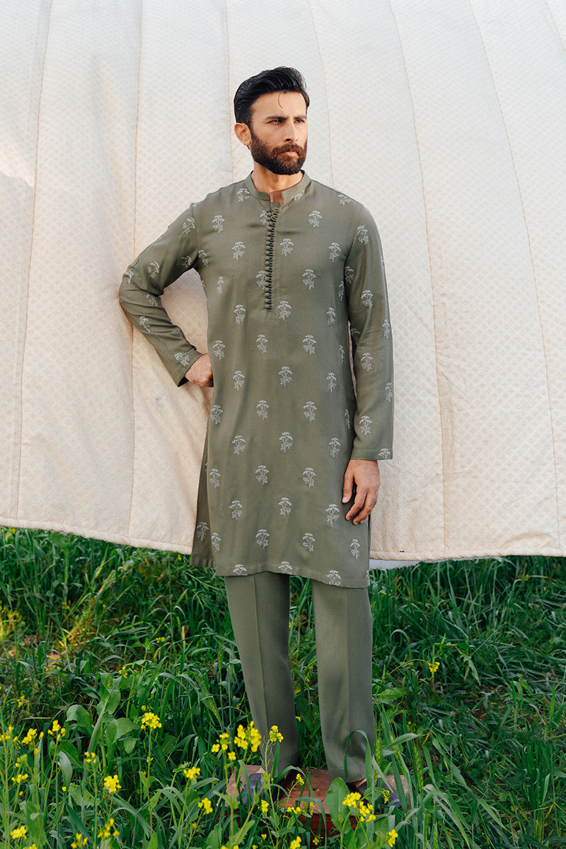 Sage Green Embroidered Karandi Kurta Pajama (2-Piece) - Image 1