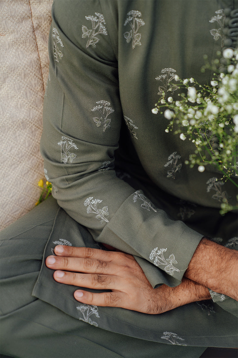 Sage Green Embroidered Karandi Kurta Pajama (2-Piece) - Image 2