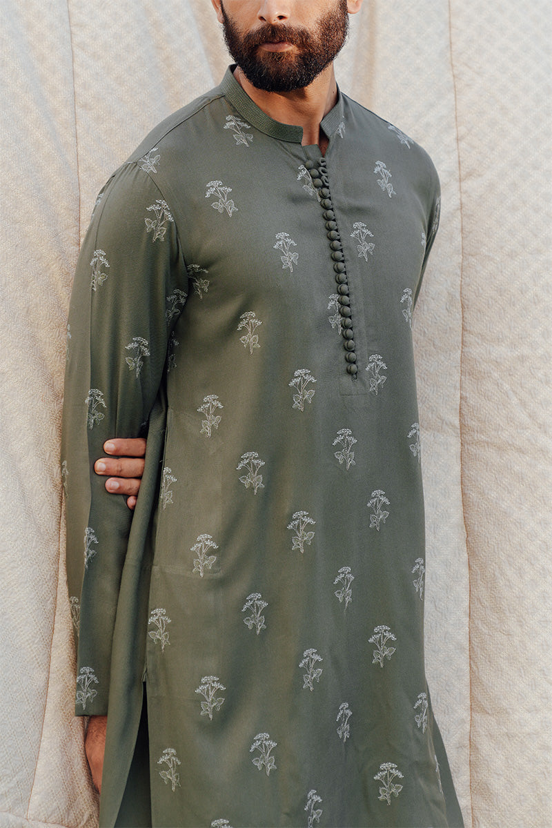 Sage Green Embroidered Karandi Kurta Pajama (2-Piece) - Image 3
