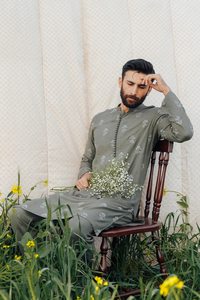 Sage Green Embroidered Karandi Kurta Pajama (2-Piece) - Image 4