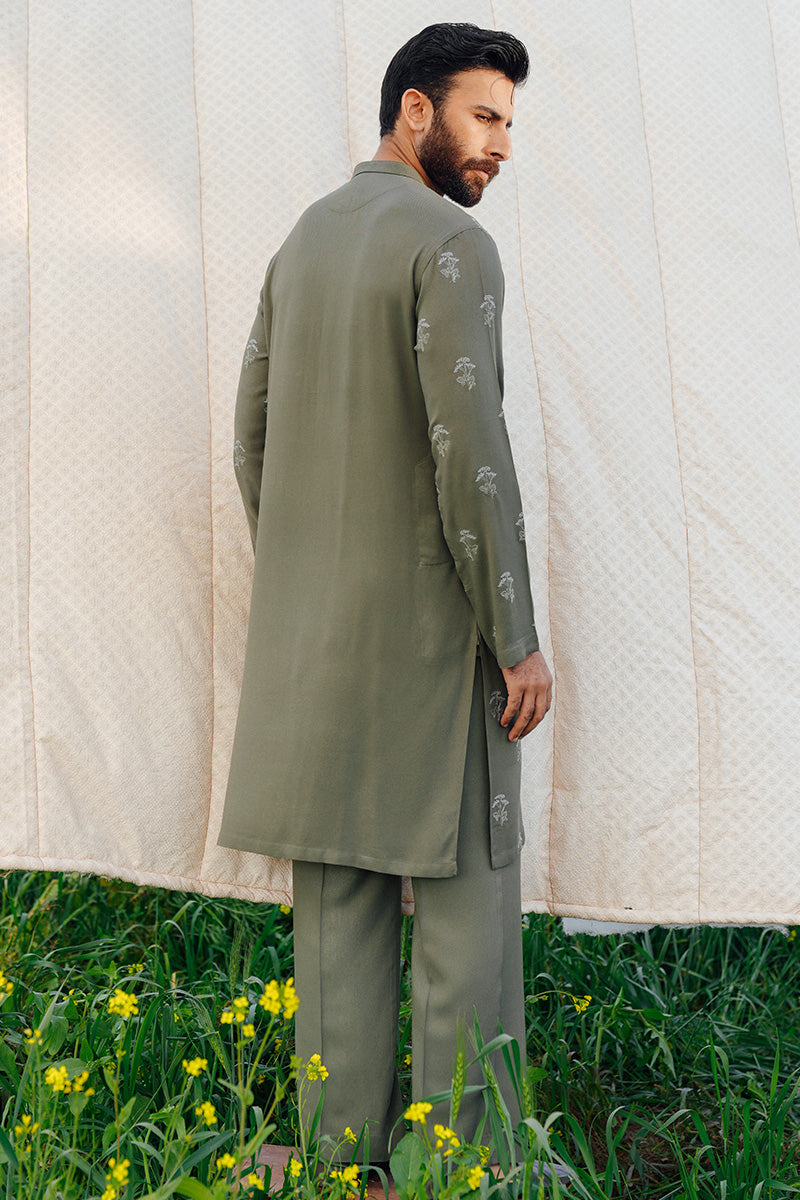 Sage Green Embroidered Karandi Kurta Pajama (2-Piece) - Image 5