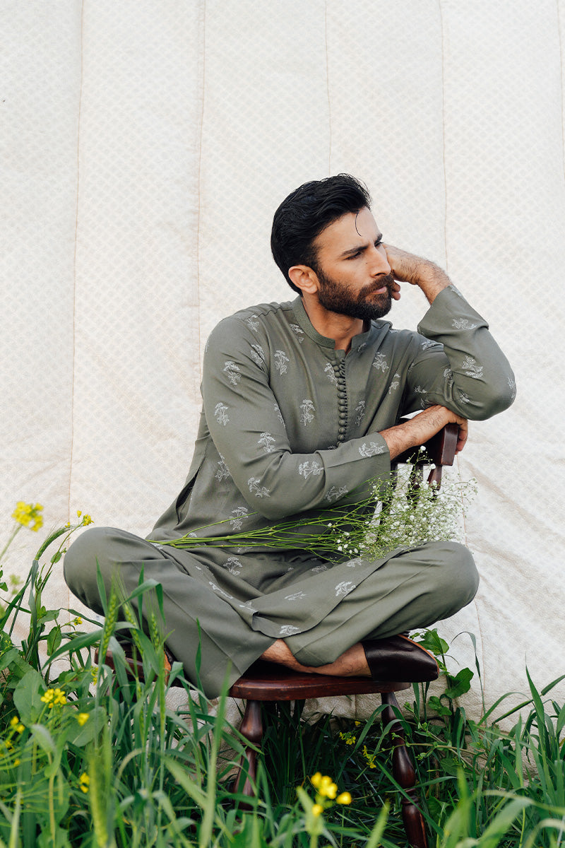 Sage Green Embroidered Karandi Kurta Pajama (2-Piece) - Image 6