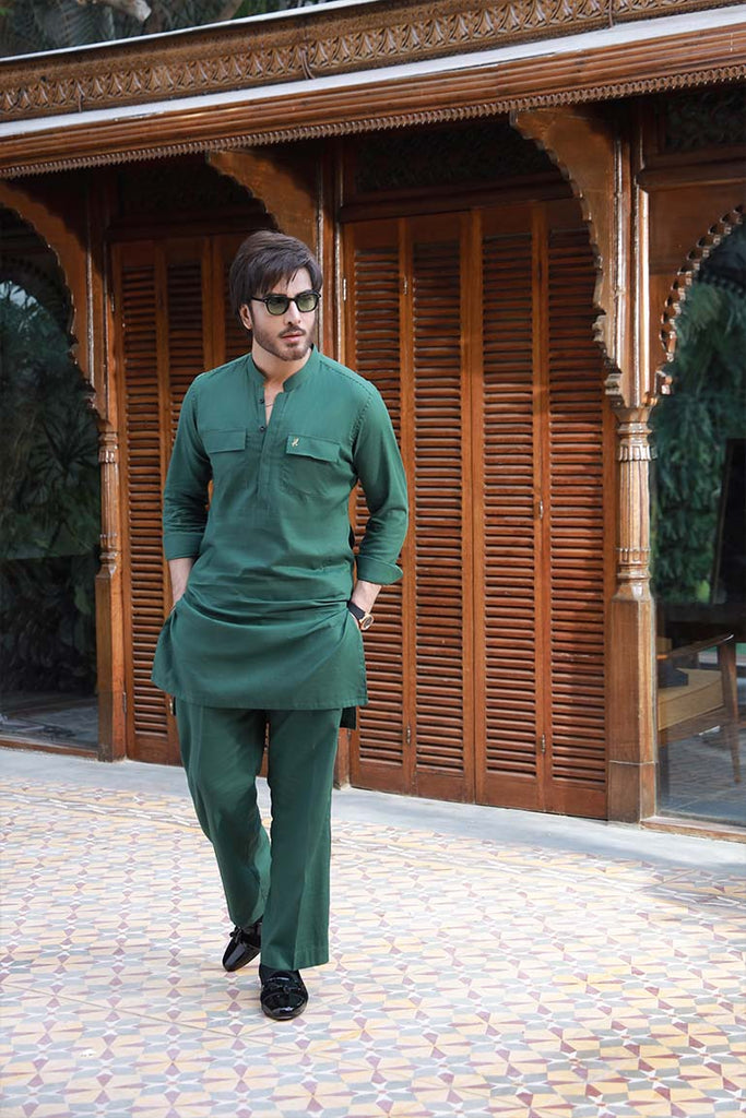 Deep Green Linen Sherwani Collar Kurta Pajama (2-Piece) - Image 2