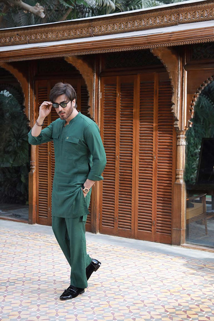 Deep Green Linen Sherwani Collar Kurta Pajama (2-Piece) - Image 4