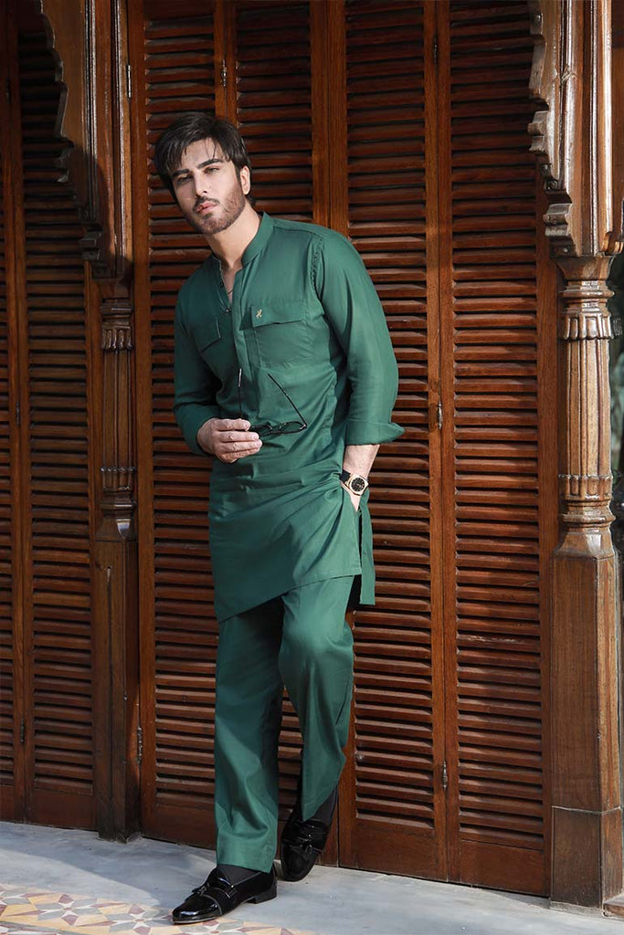 Deep Green Linen Sherwani Collar Kurta Pajama (2-Piece) - Image 5