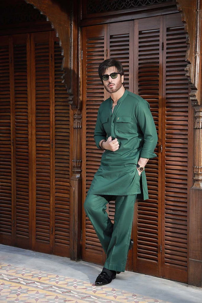 Deep Green Linen Sherwani Collar Kurta Pajama (2-Piece) - Image 6