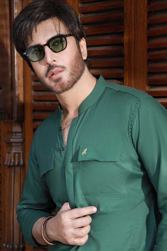 Deep Green Linen Sherwani Collar Kurta Pajama (2-Piece) - Image 7