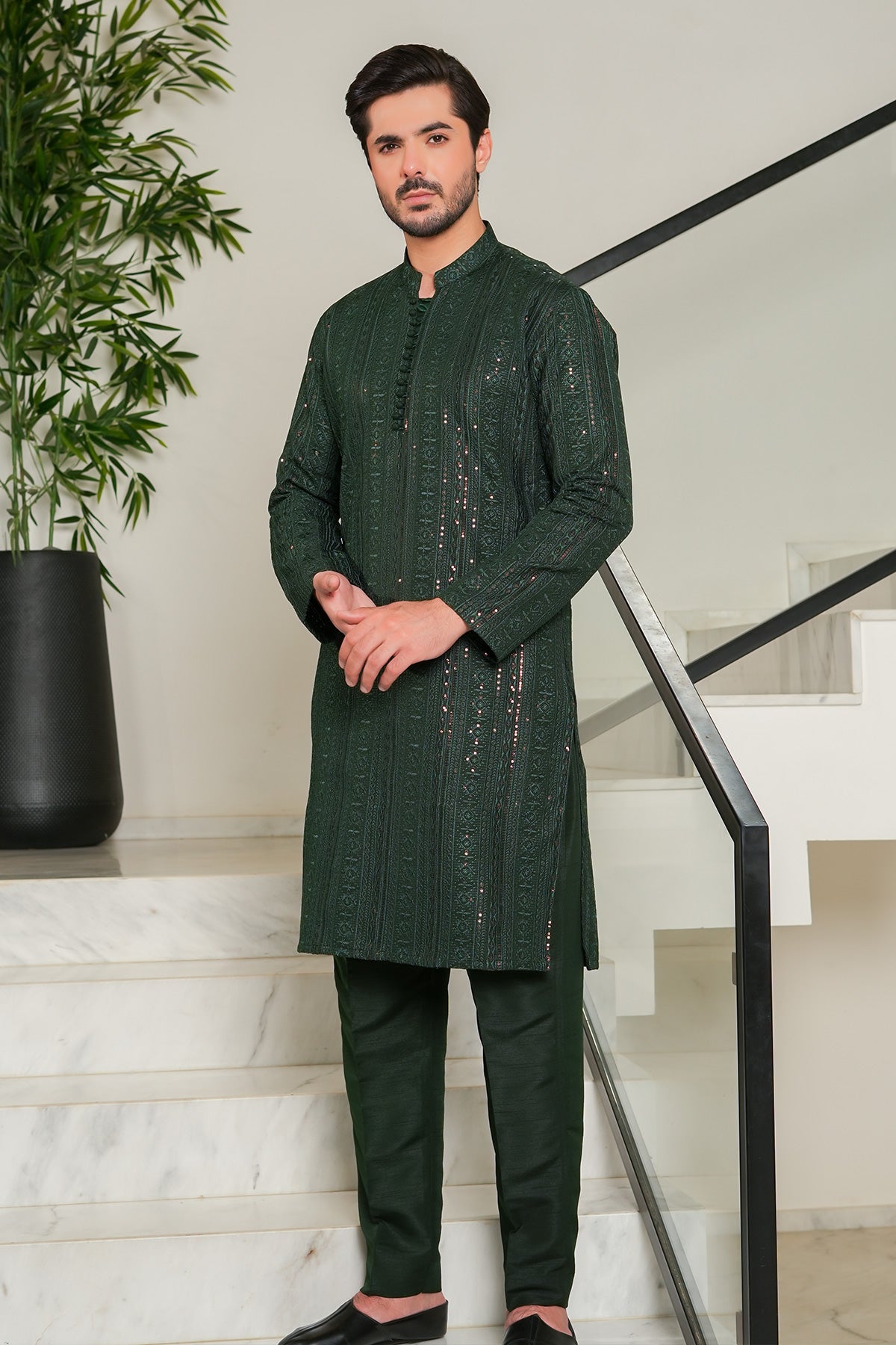 Deep Green Mirror Work Masoori Kurta Pajama (2-Piece) - Image 1