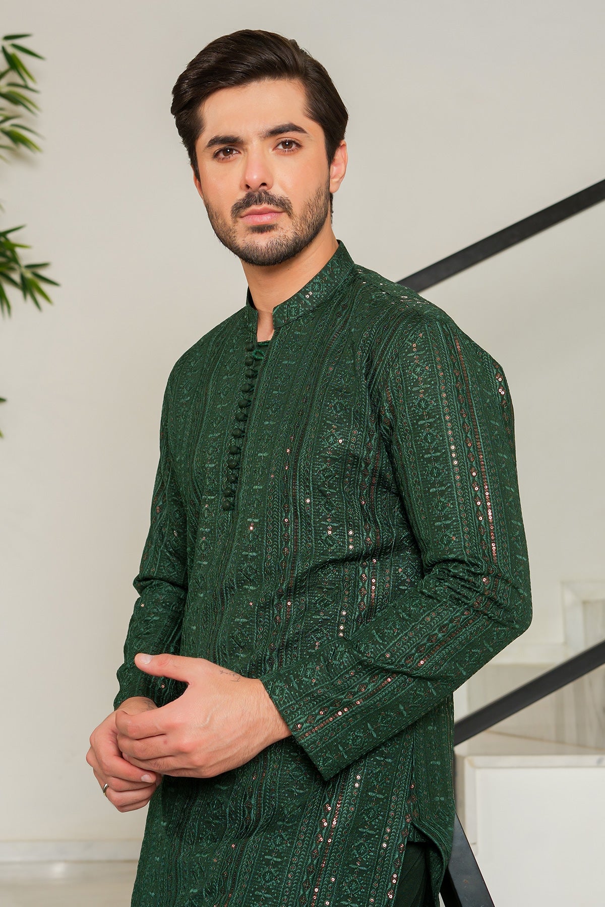 Deep Green Mirror Work Masoori Kurta Pajama (2-Piece) - Image 2