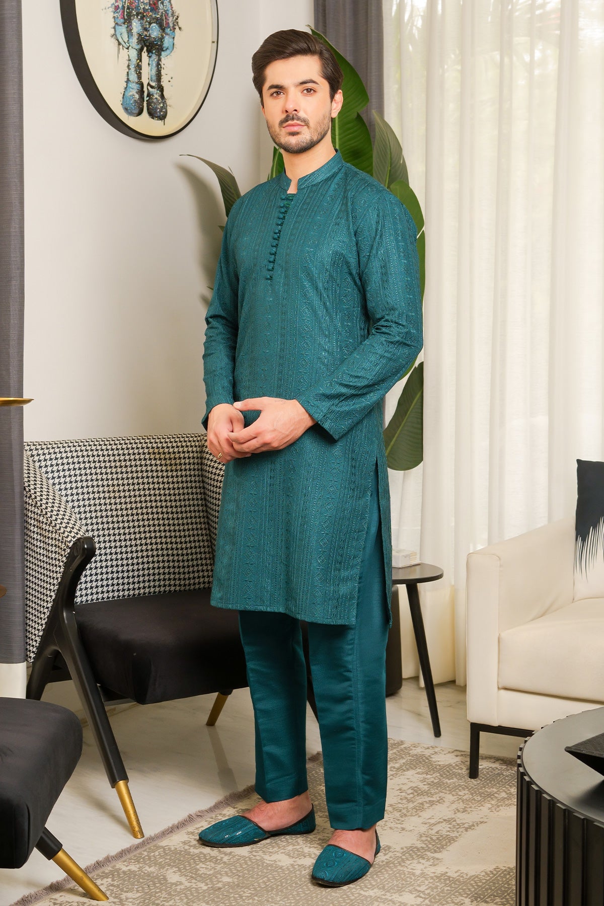 Green Woven Masoori Kurta Pajama (2-Piece) - Image 1
