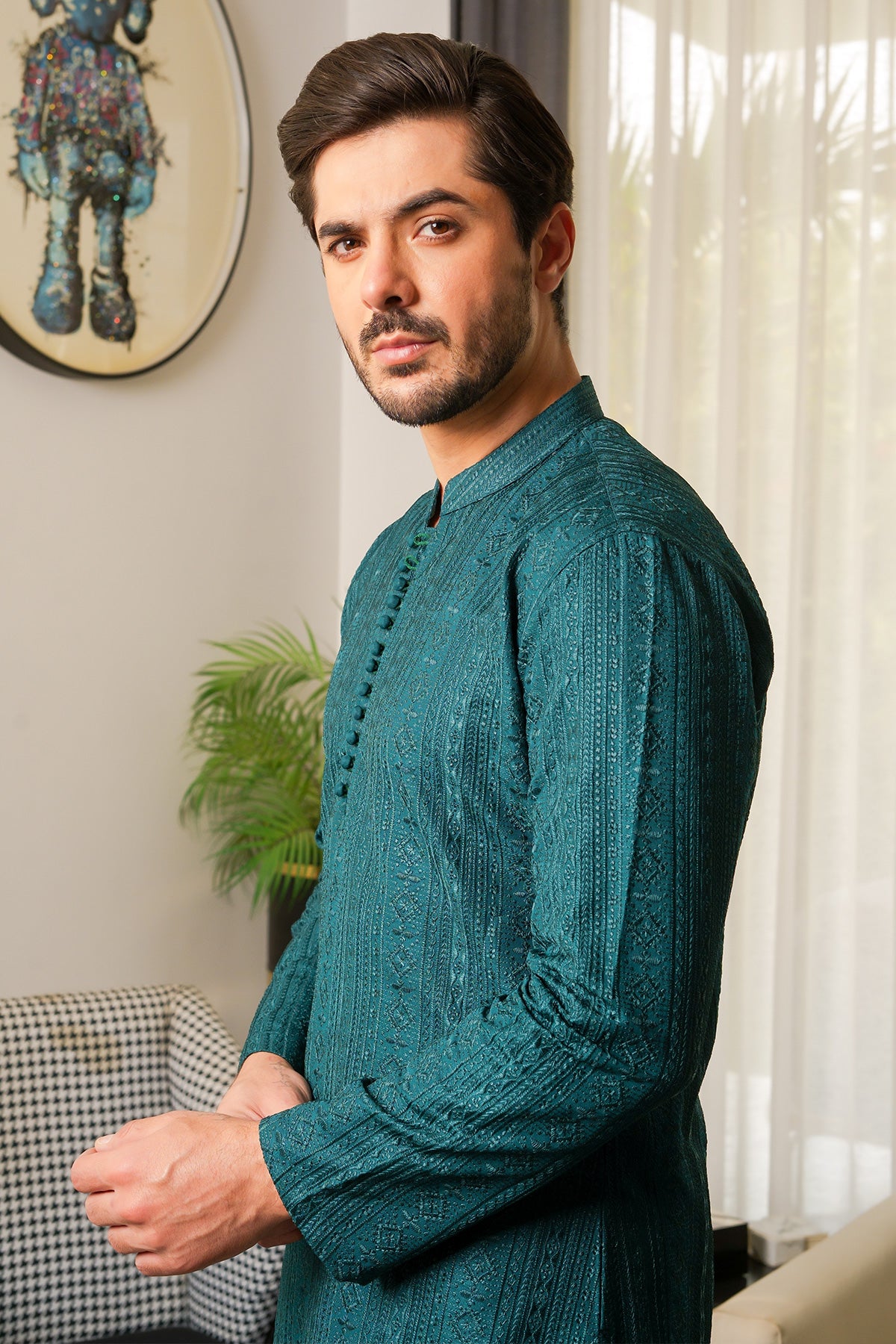 Green Woven Masoori Kurta Pajama (2-Piece) - Image 2