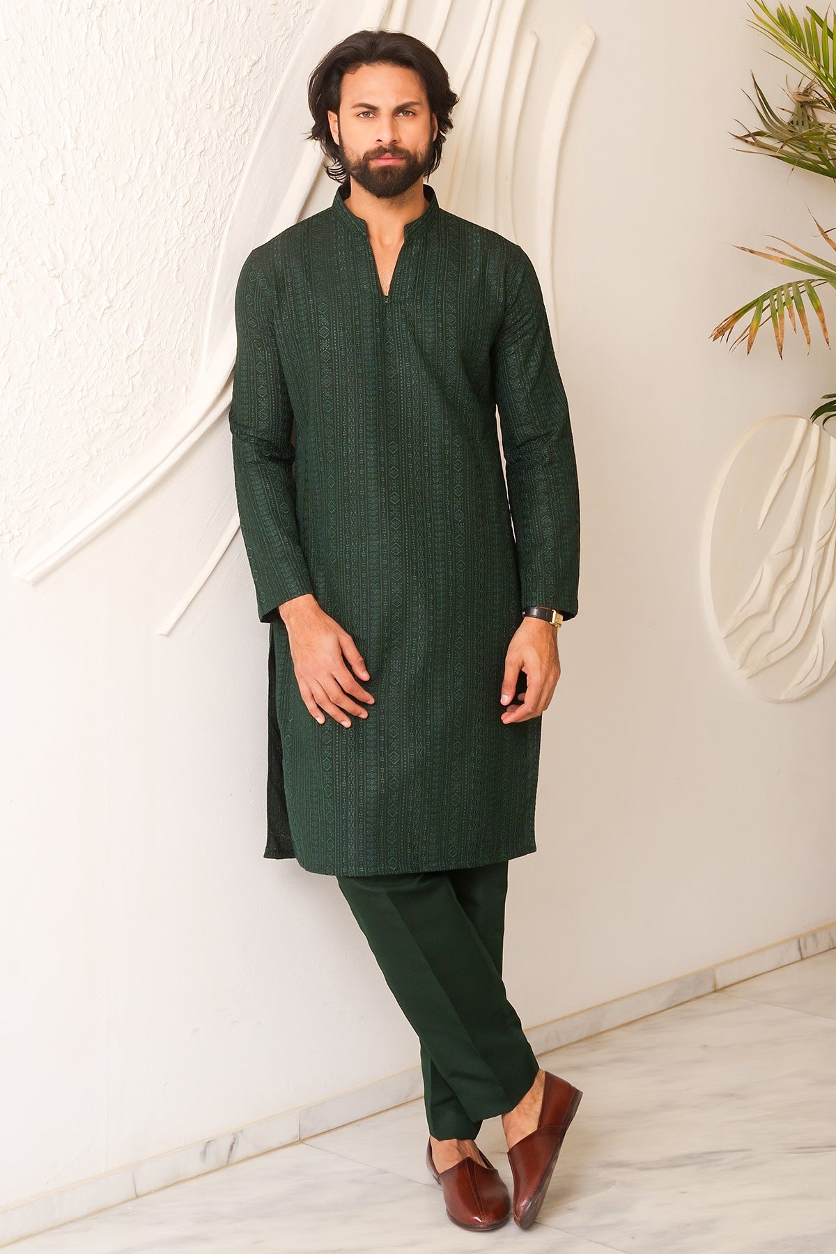 Deep Green Woven Masoori Kurta Pajama (2-Piece) - Image 1