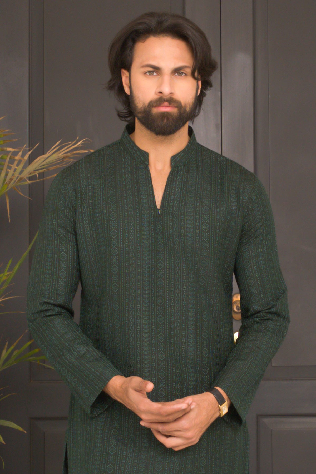 Deep Green Woven Masoori Kurta Pajama (2-Piece) - Image 2