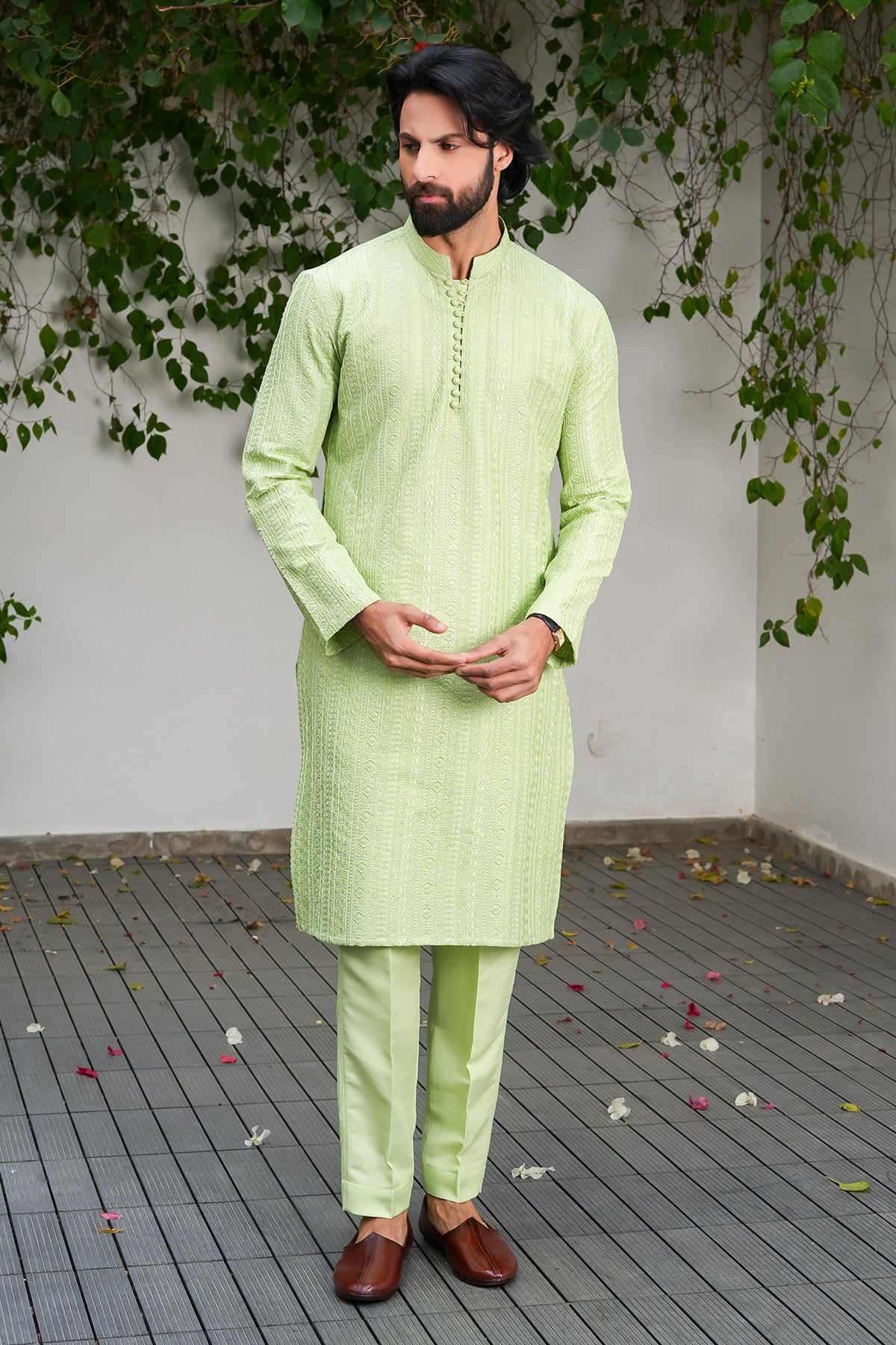 Pistachio Woven Masoori Kurta Pajama (2-Piece) - Image 1