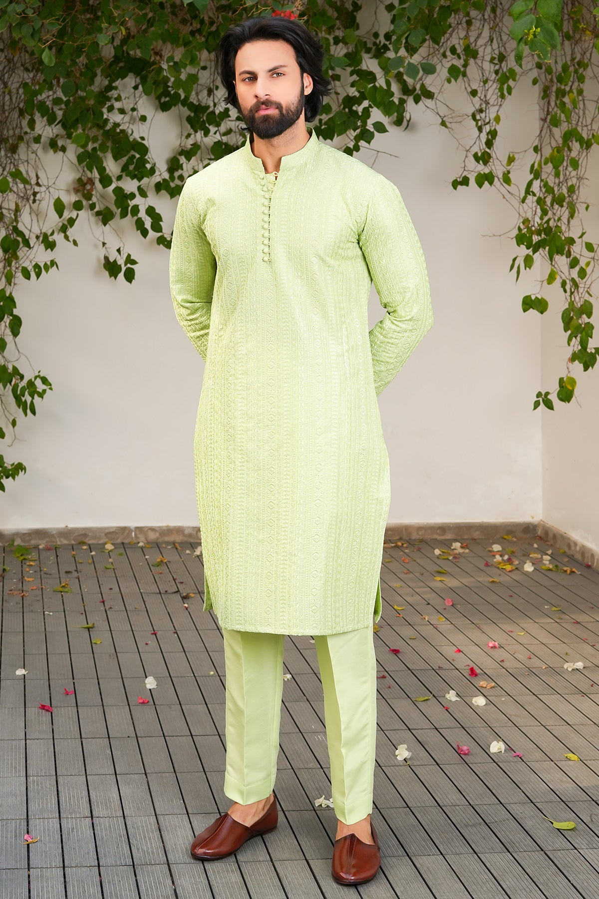 Pistachio Woven Masoori Kurta Pajama (2-Piece) - Image 3