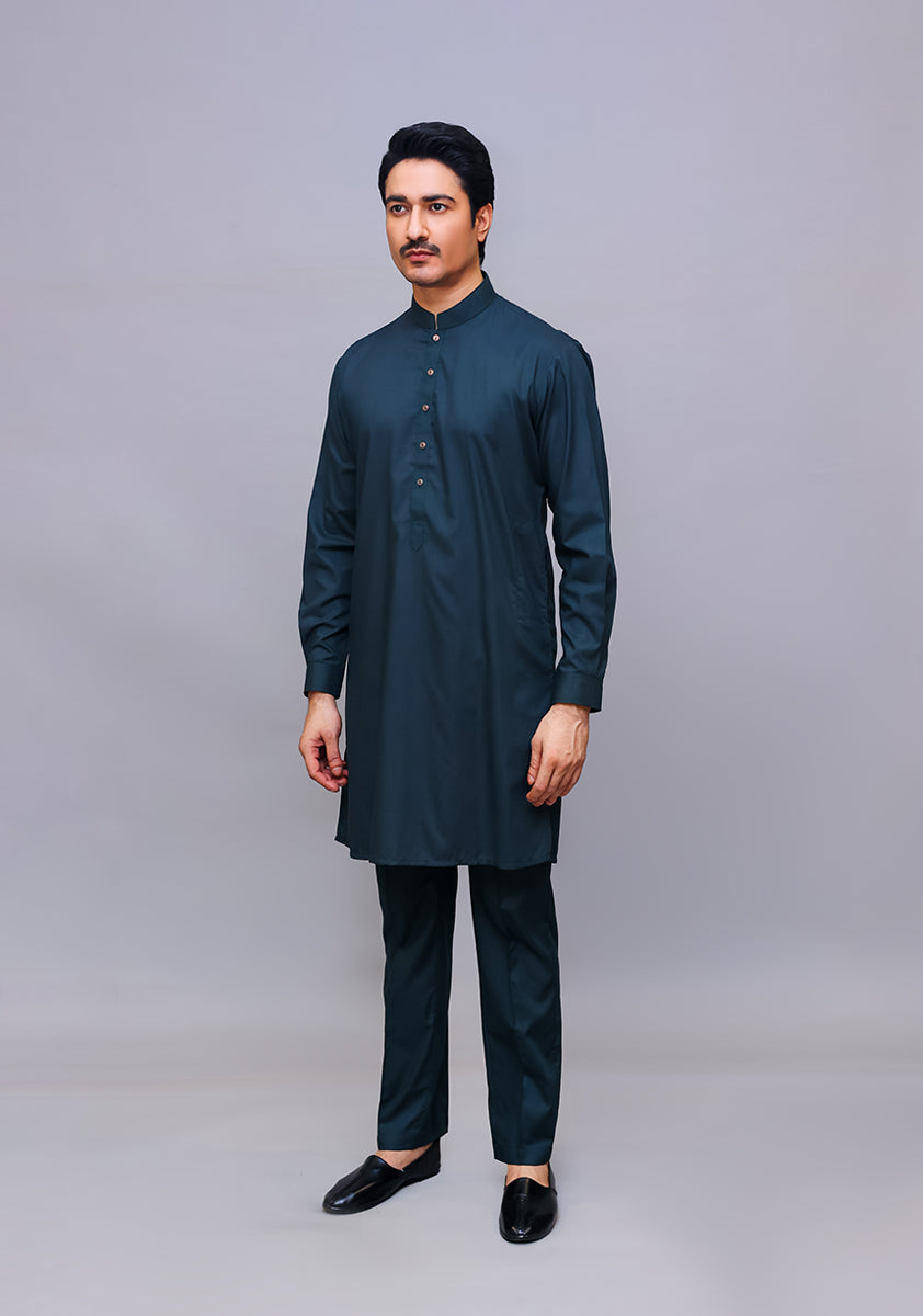 Deep Green Poly Viscose Slim Fit Kurta Pajama (2-Piece) - Image 1