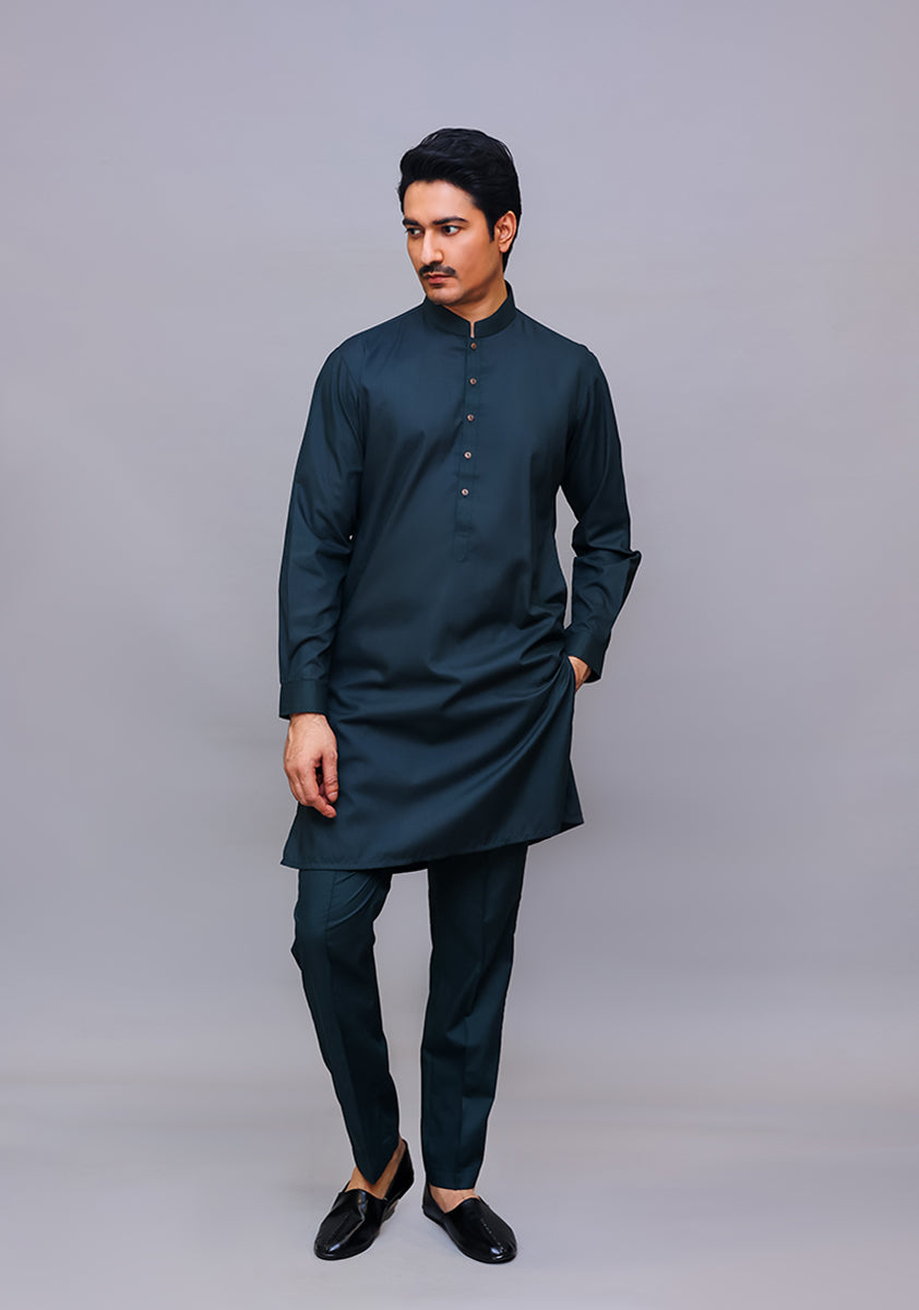 Deep Green Poly Viscose Slim Fit Kurta Pajama (2-Piece) - Image 2