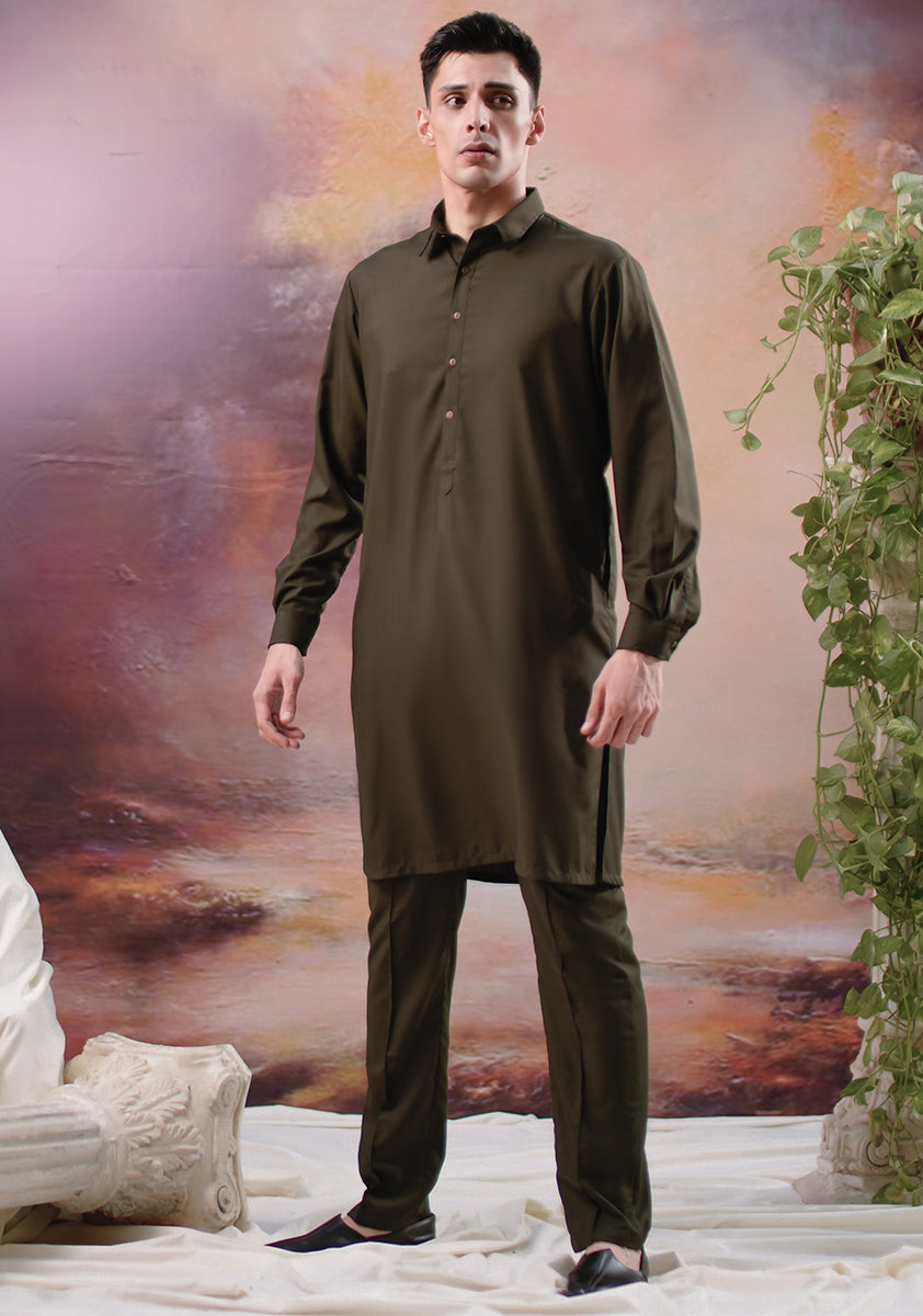 Olive Poly Viscose Slim Fit Kurta Pajama (2-Piece) - Image 1