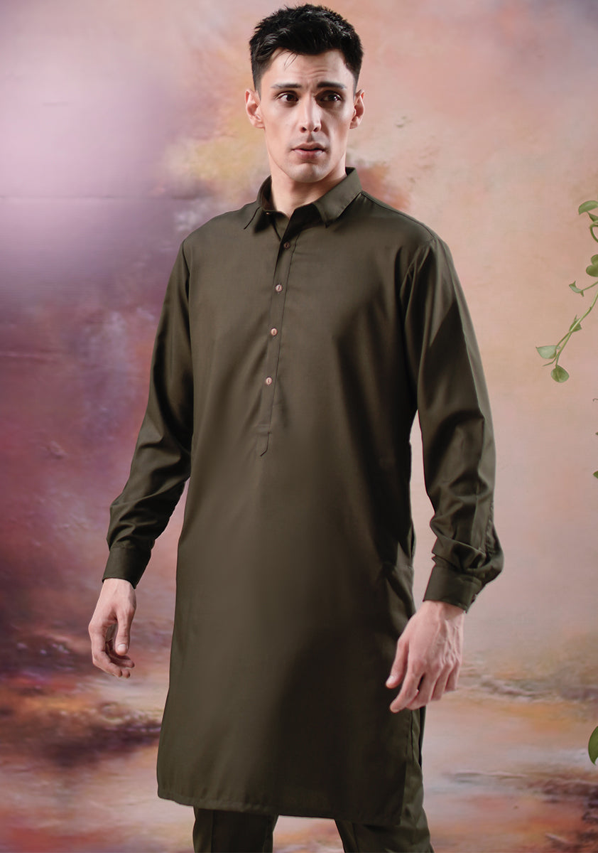 Olive Poly Viscose Slim Fit Kurta Pajama (2-Piece) - Image 2