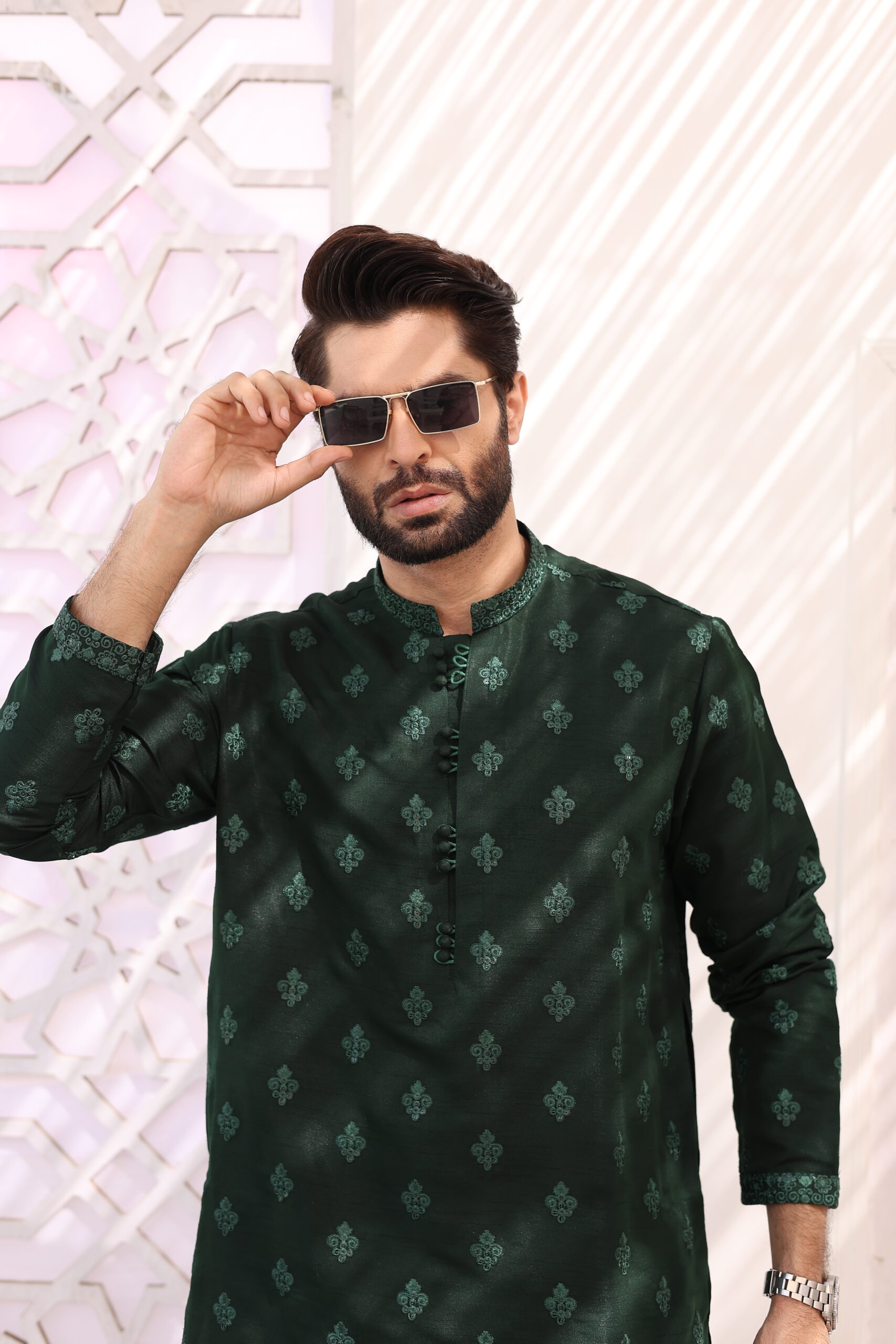 Deep Green Handworked Raw Silk Kurta Pajama (2-Piece) - Image 3