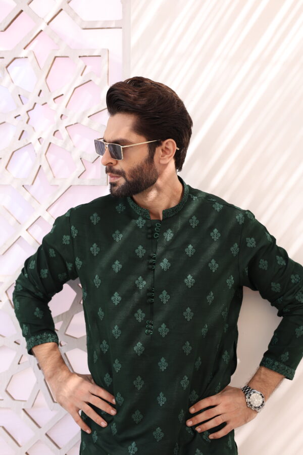 Deep Green Handworked Raw Silk Kurta Pajama (2-Piece) - Image 4