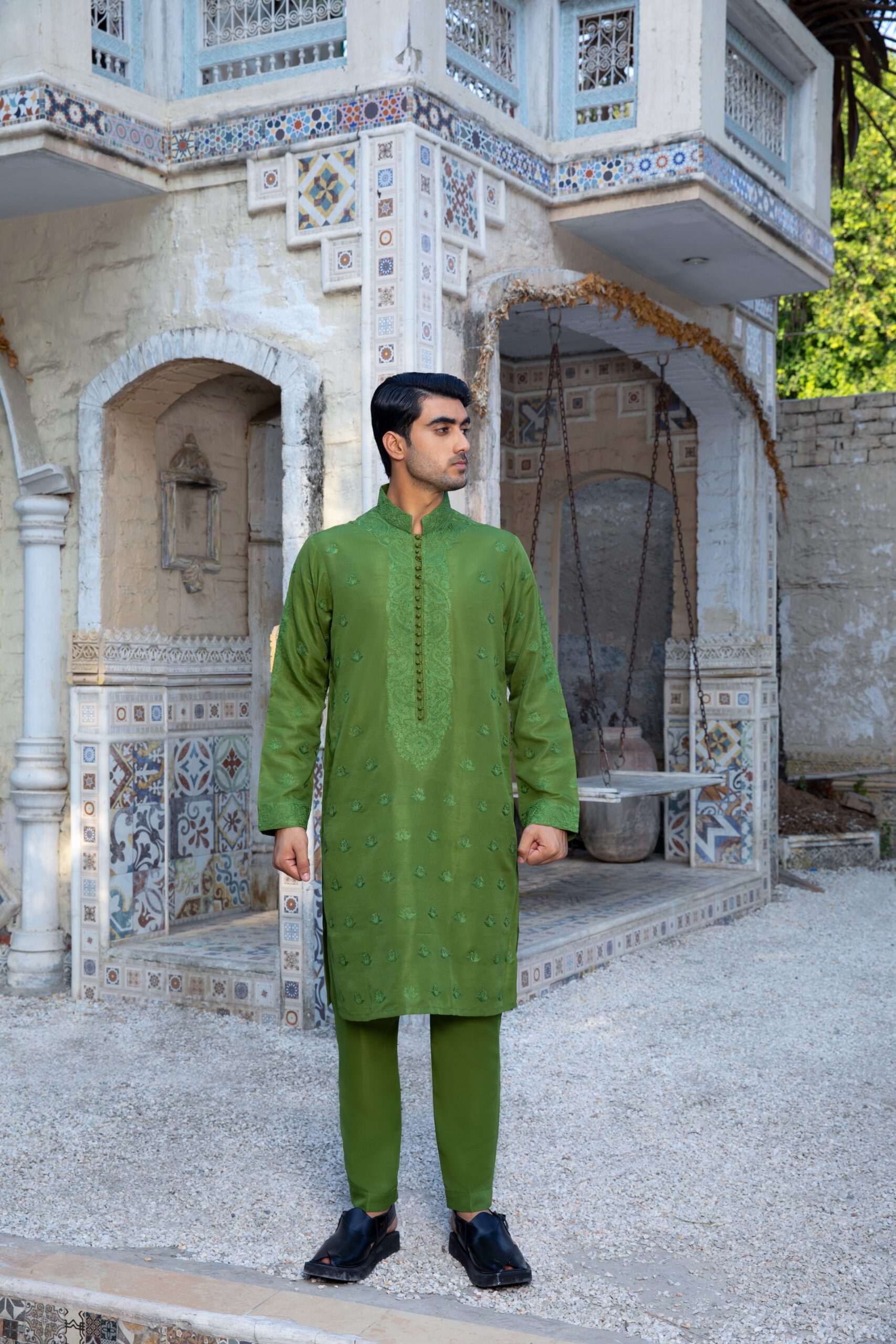 Green Embroidered Synthetic Raw Silk Kurta Pajama (2-Piece) - Image 1