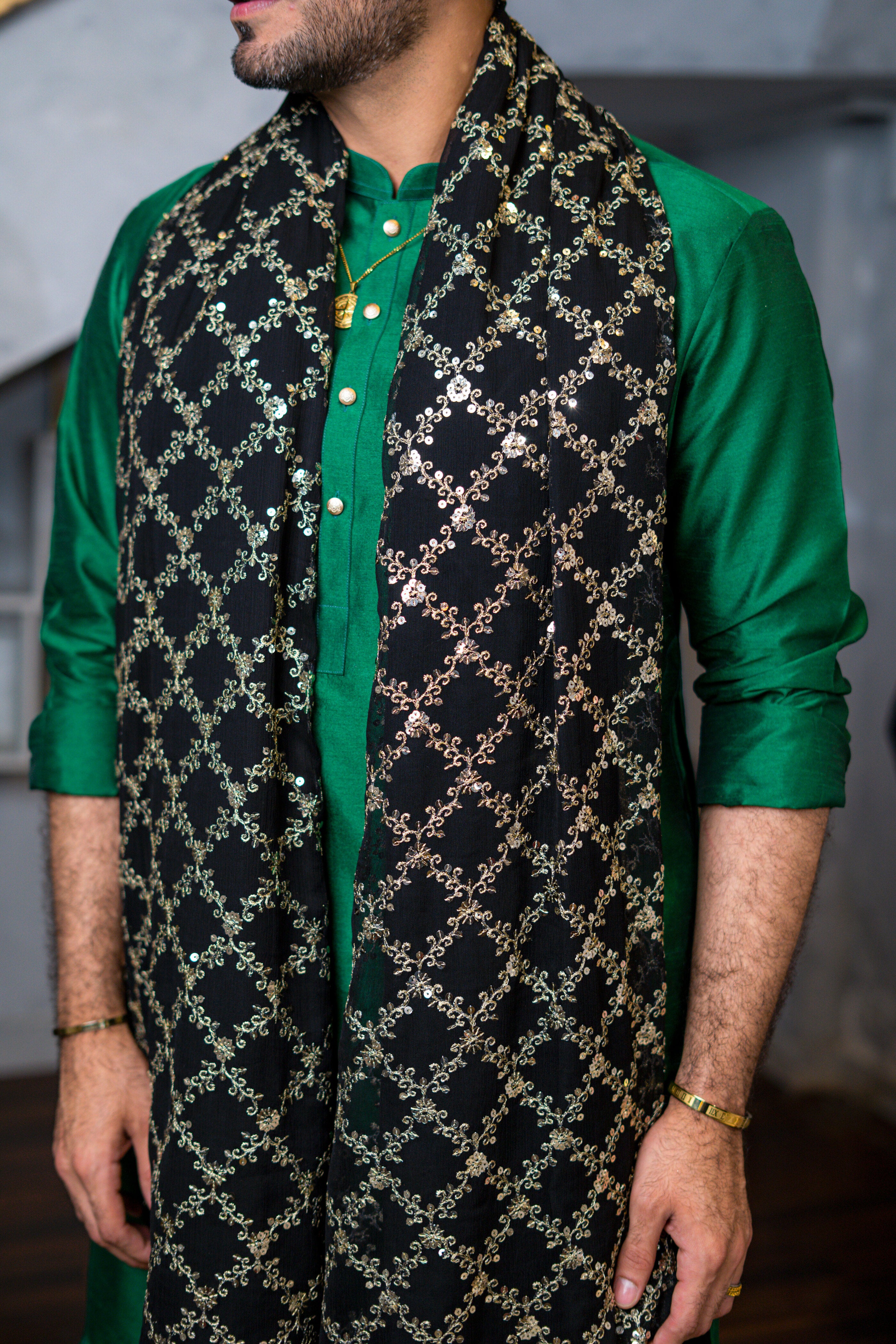 Bottle Green Raw Silk Kurta Pajama (3-Piece) - Image 6