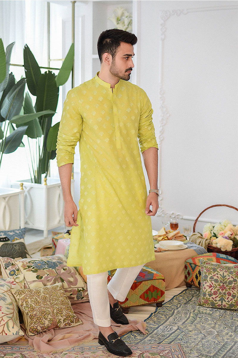 Apple Green Schiffli Cotton Embroidered Kurta Pajama (2-Piece) - Image 1