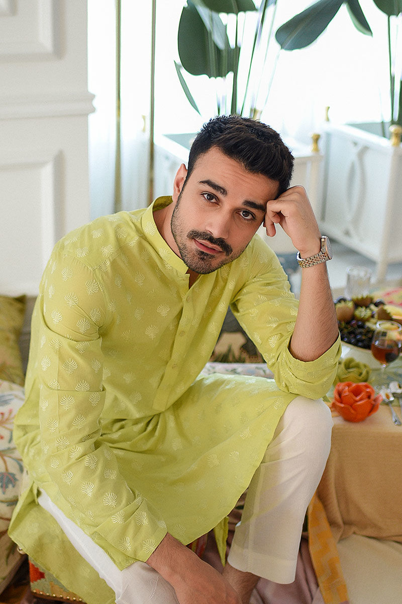 Apple Green Schiffli Cotton Embroidered Kurta Pajama (2-Piece) - Image 2