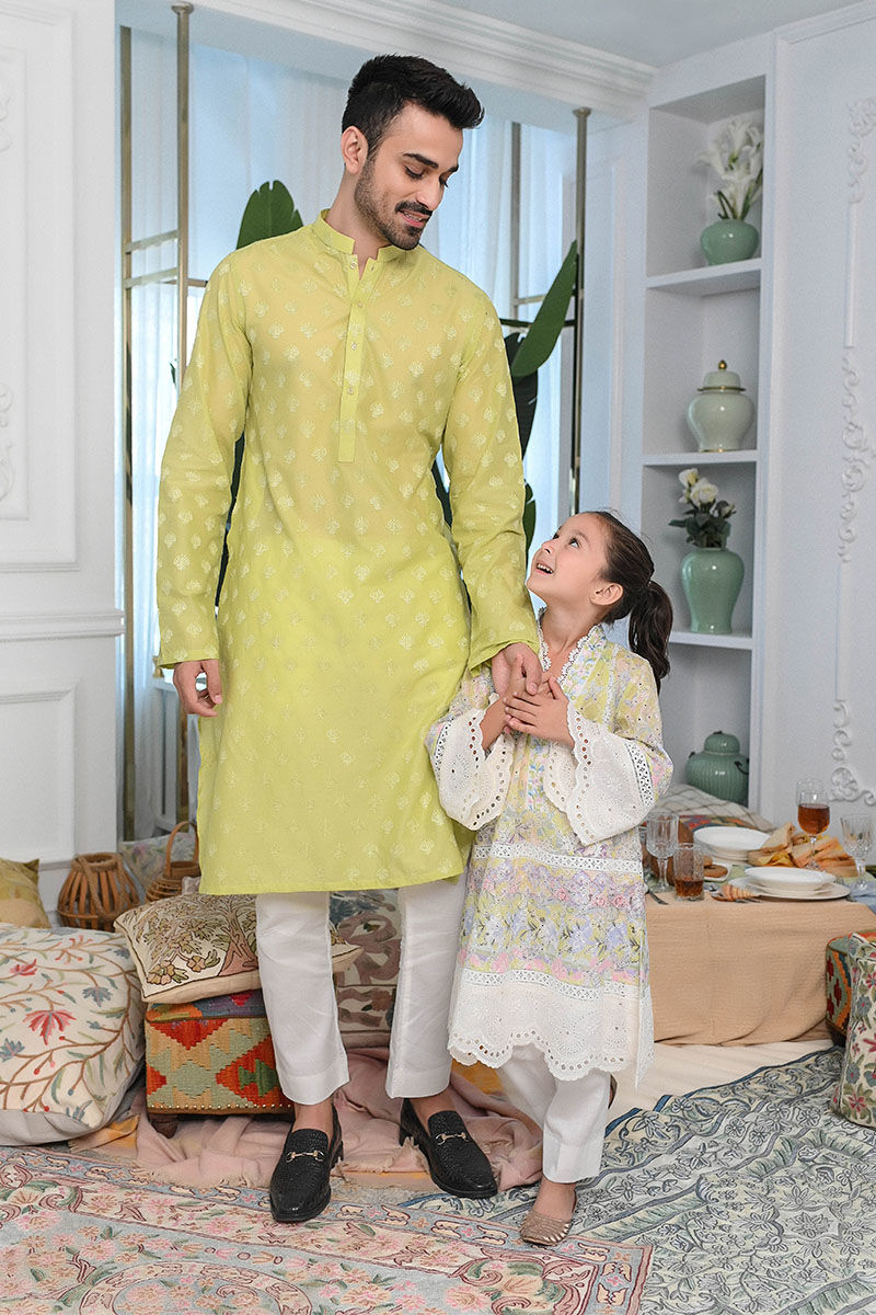 Apple Green Schiffli Cotton Embroidered Kurta Pajama (2-Piece) - Image 3