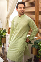 Mint Green Schiffli Cotton Kurta Pajama (2-Piece) - Image 2
