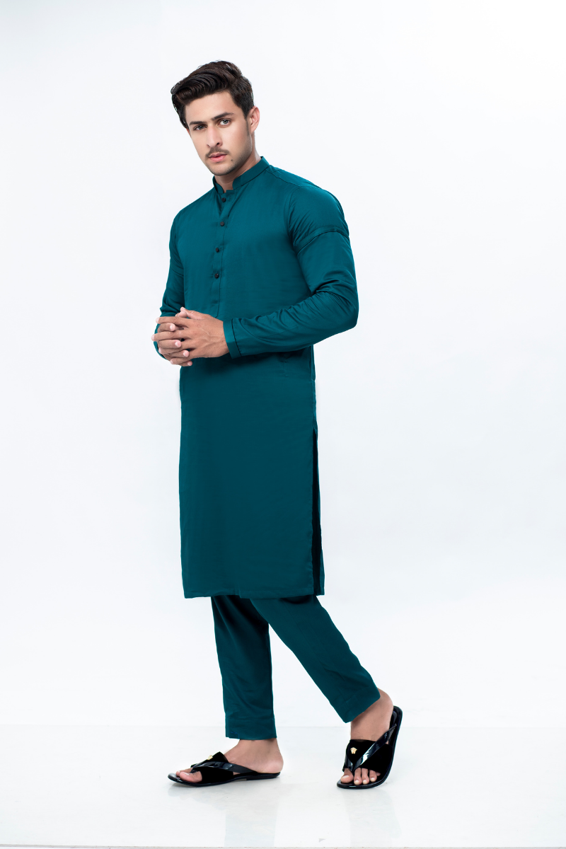 Sea Green Shiny Cotton Kurta Pajama (2-Piece) - Image 1