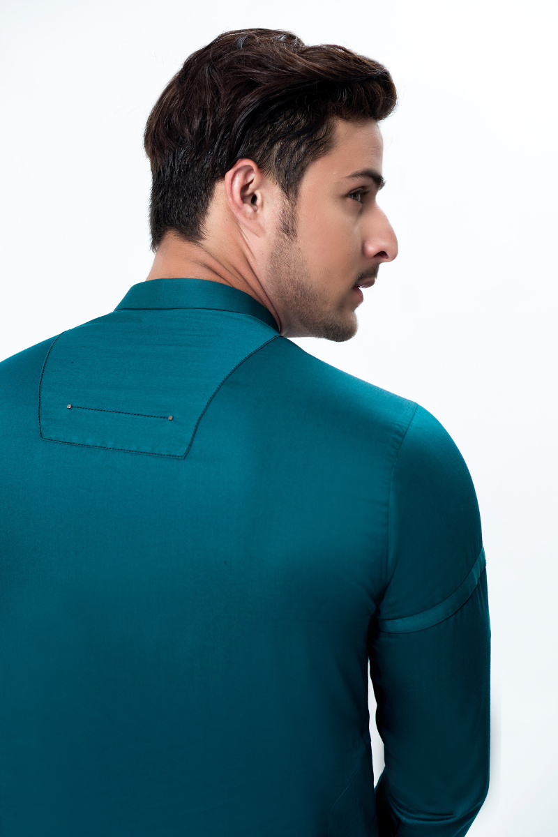 Sea Green Shiny Cotton Kurta Pajama (2-Piece) - Image 2