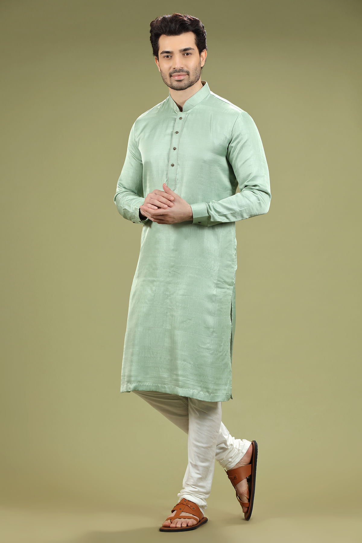 Pista Green Silk Straight-Cut Kurta Pajama (2-Piece) - Image 1