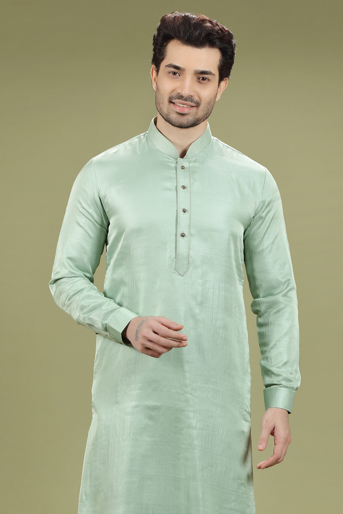 Pista Green Silk Straight-Cut Kurta Pajama (2-Piece) - Image 2