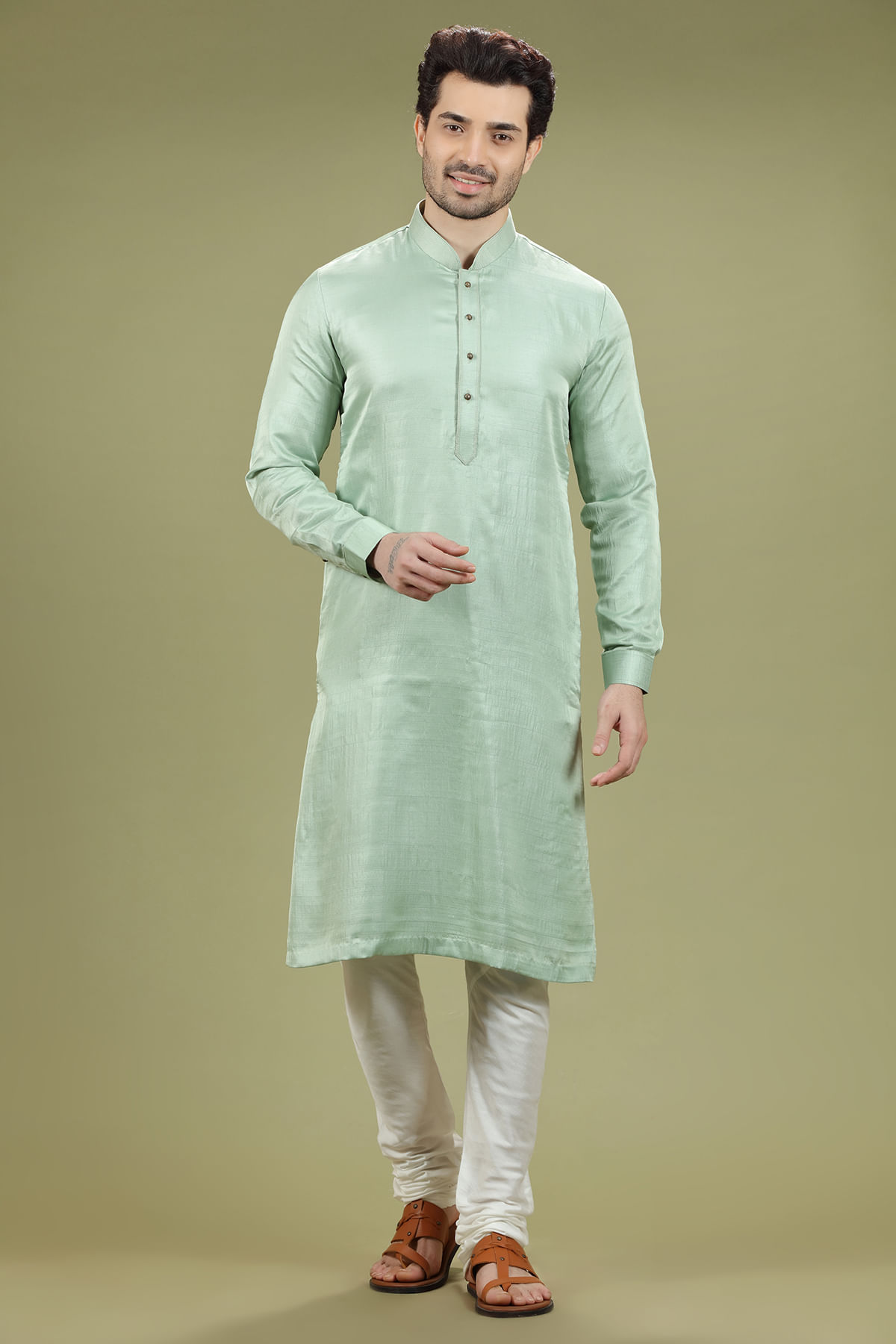Pista Green Silk Straight-Cut Kurta Pajama (2-Piece) - Image 3