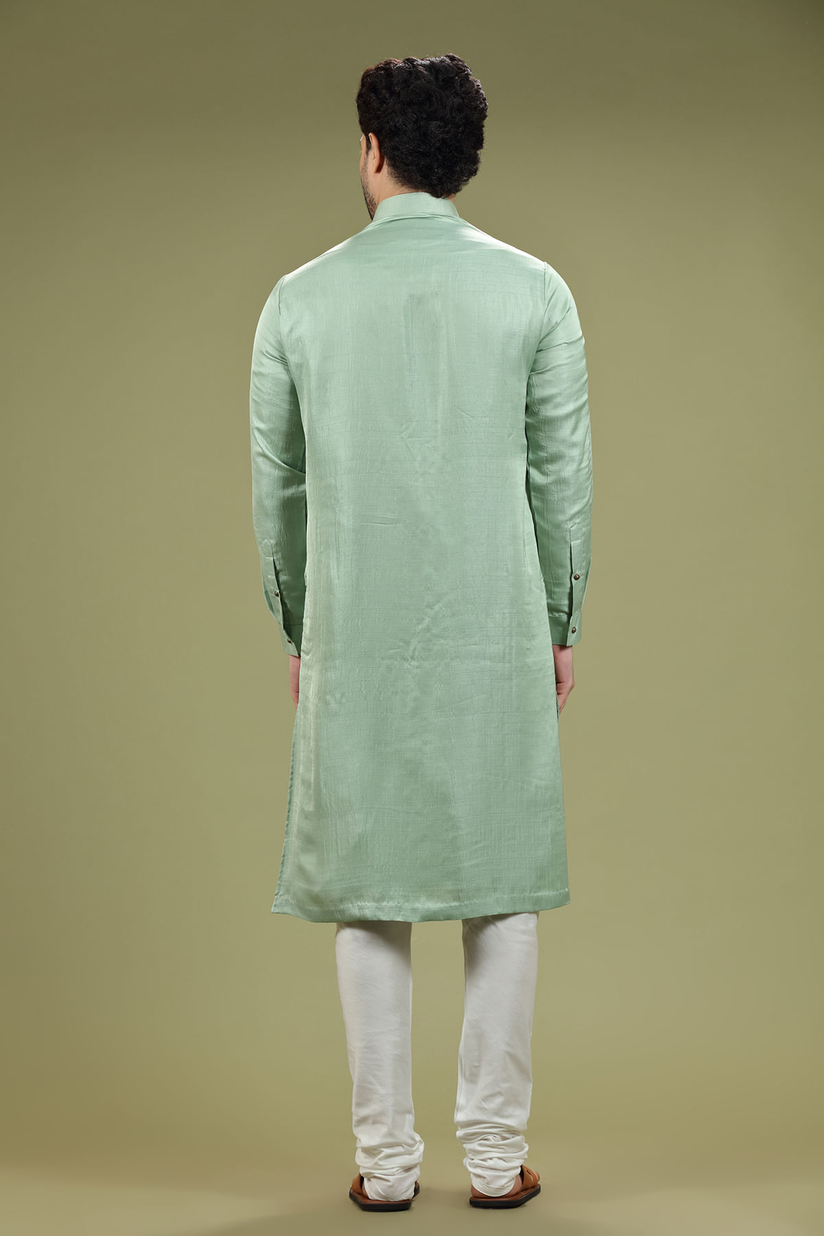 Pista Green Silk Straight-Cut Kurta Pajama (2-Piece) - Image 4