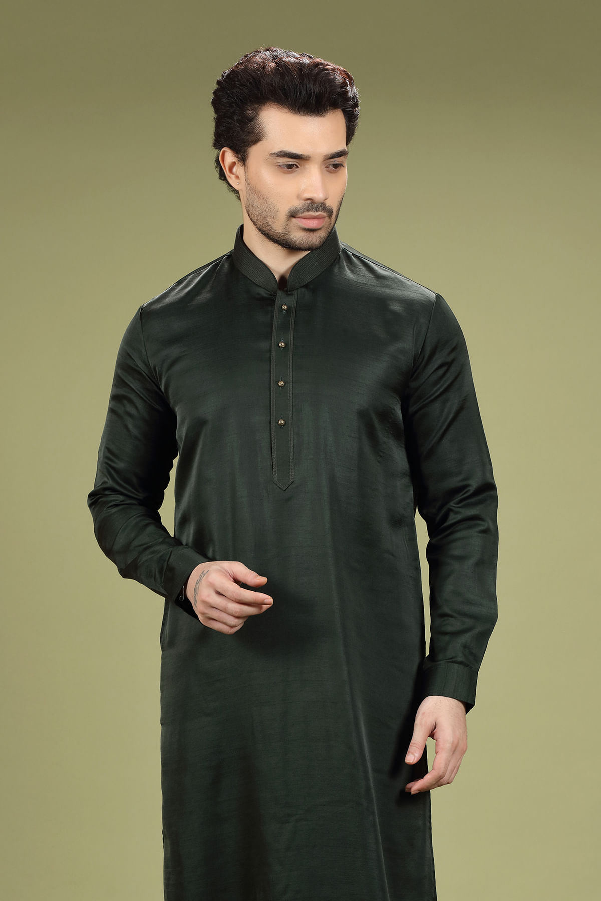 Forest Green Silk Kurta Pajama (2-Piece) - Image 2
