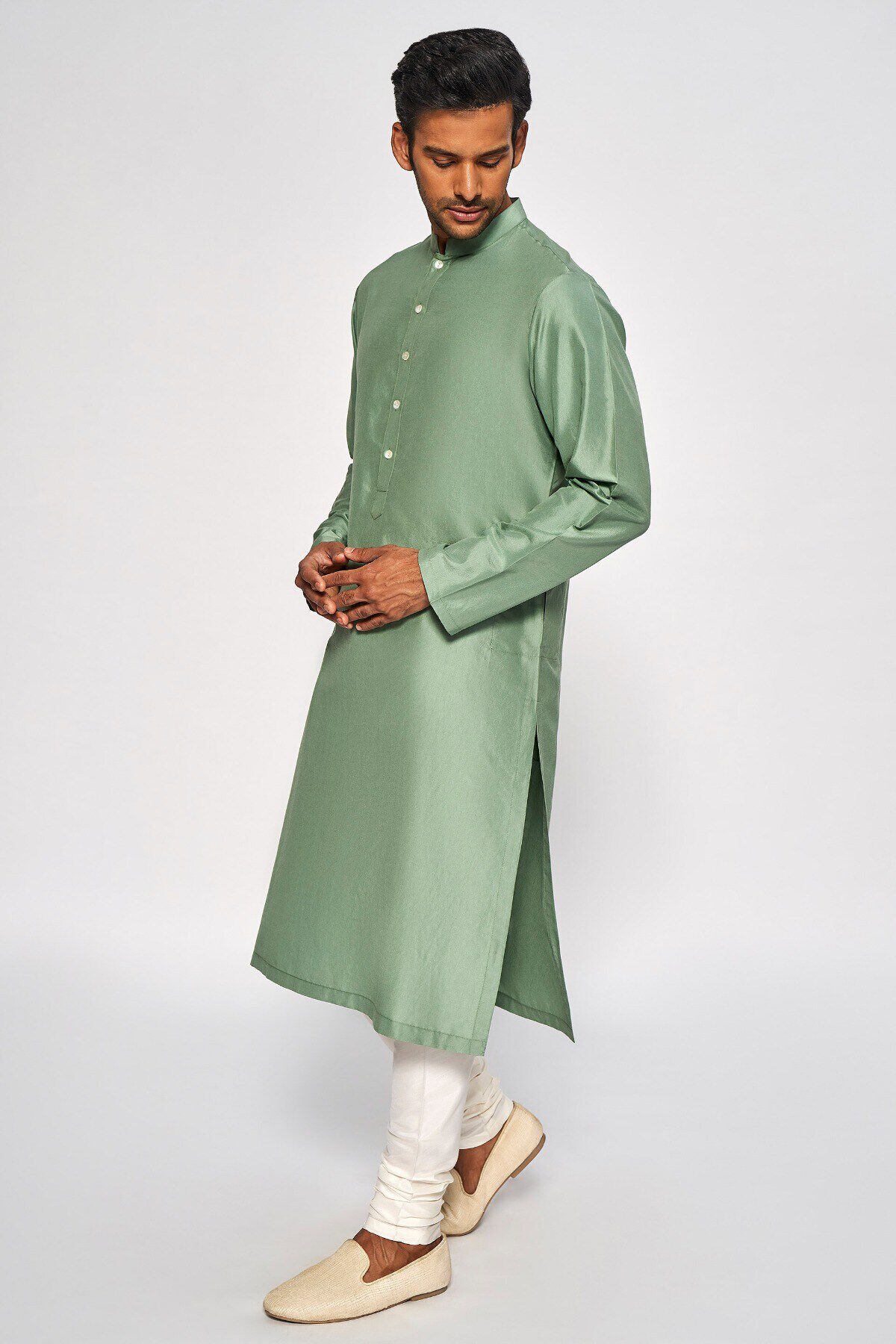 Sage Green Silk Kurta Pajama (2-Piece) - Image 2