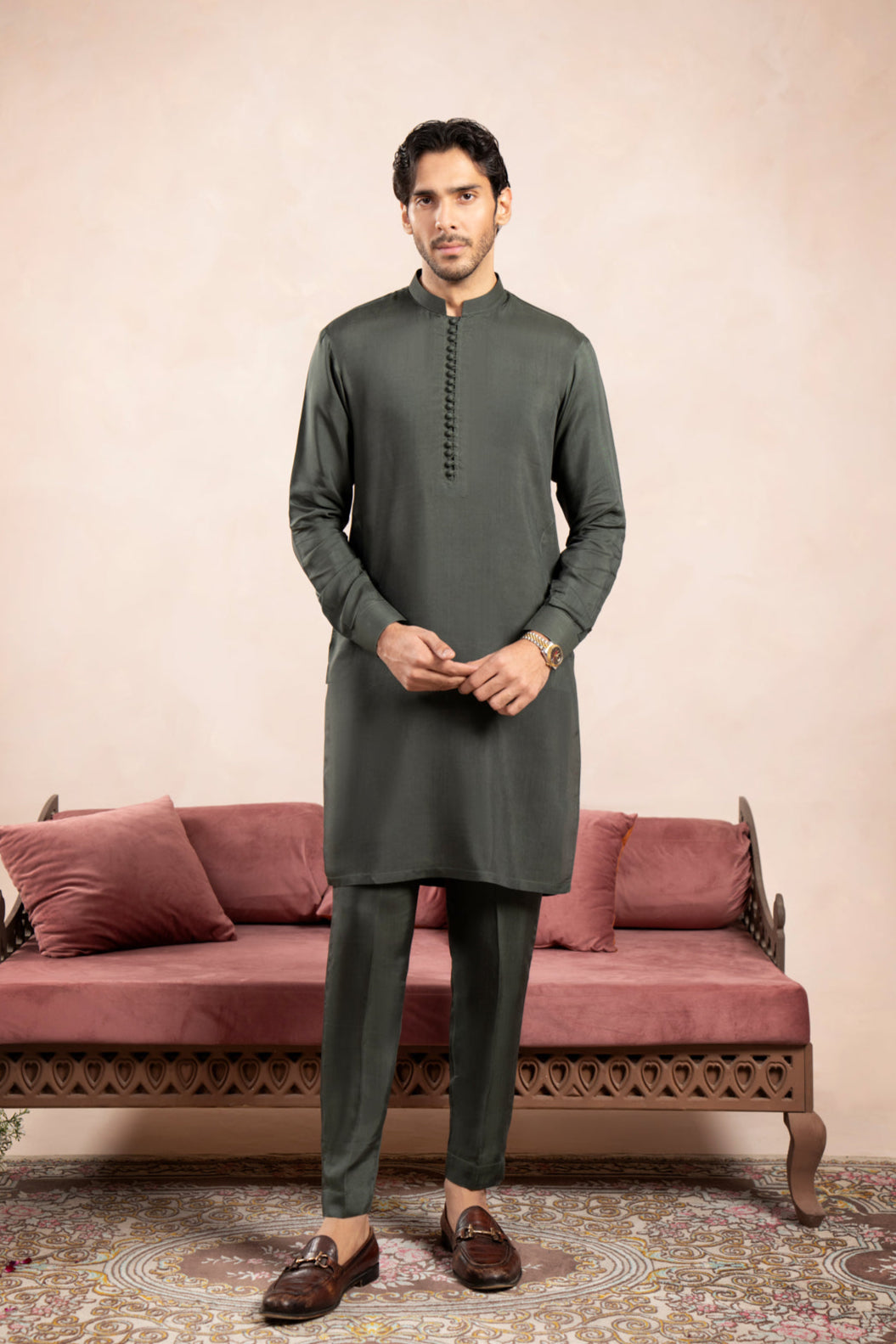 Olive Green Viscose Silk Kurta Pajama (2-Piece) - Image 1