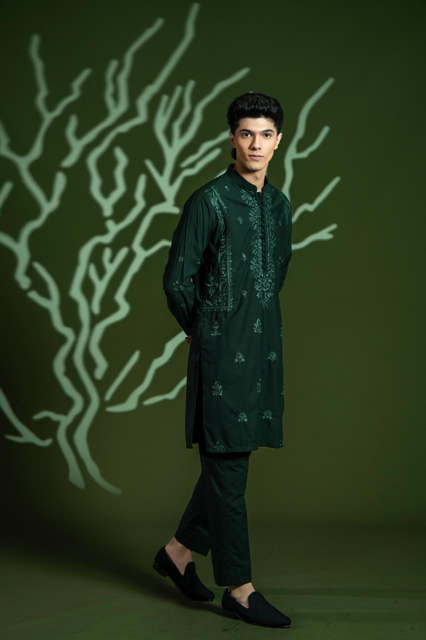 Deep Green Embroidered Wash-and-Wear Kurta Pajama (2-Piece) - Image 4