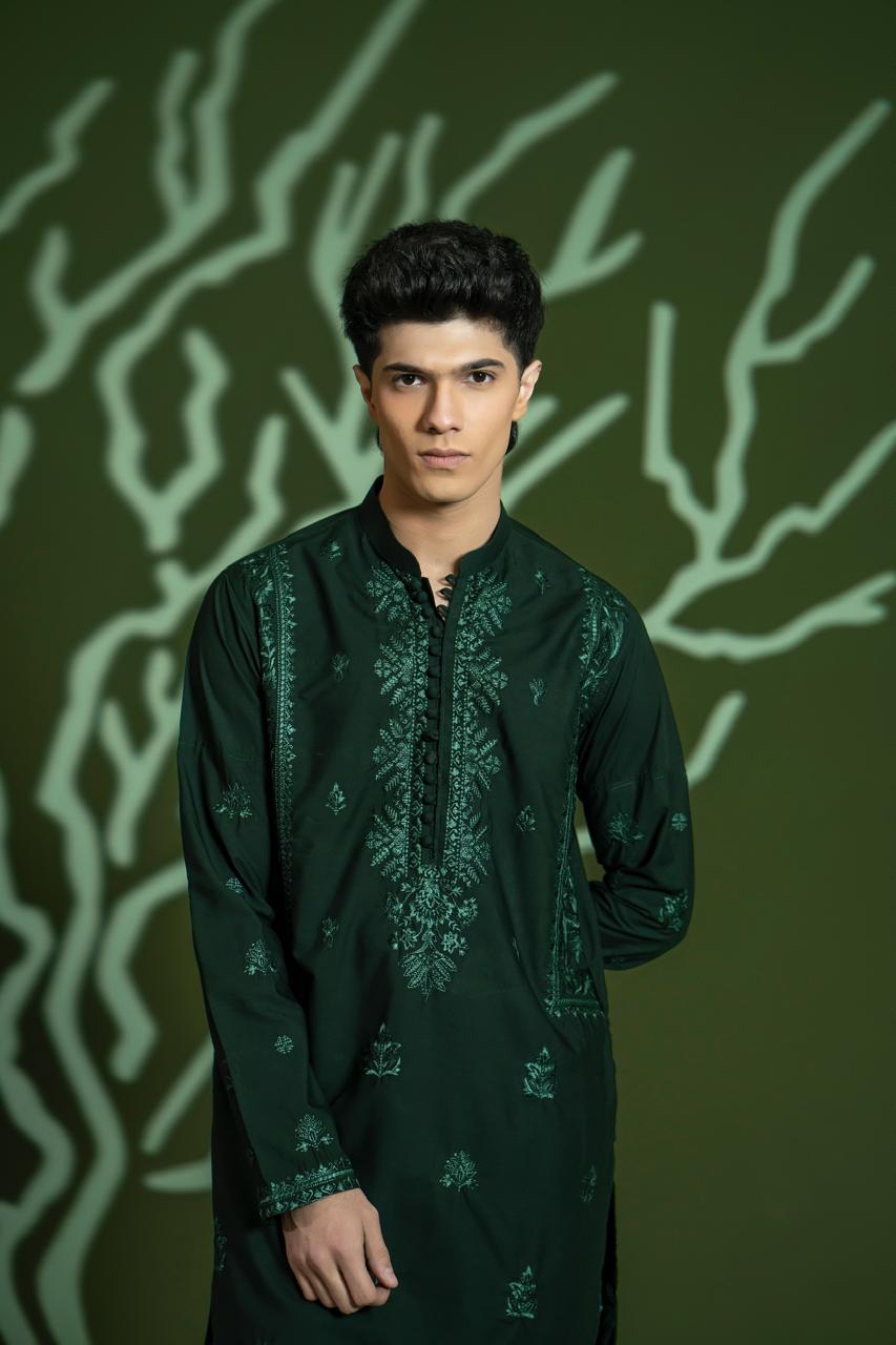 Deep Green Embroidered Wash-and-Wear Kurta Pajama (2-Piece) - Image 5