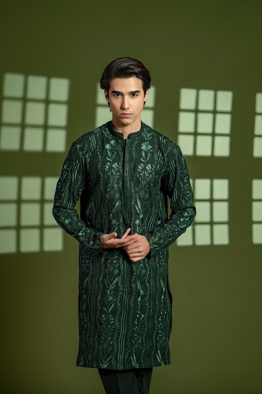 Rich Green Embroidered Wash & Wear Kurta Pajama (2-Piece) - Image 4