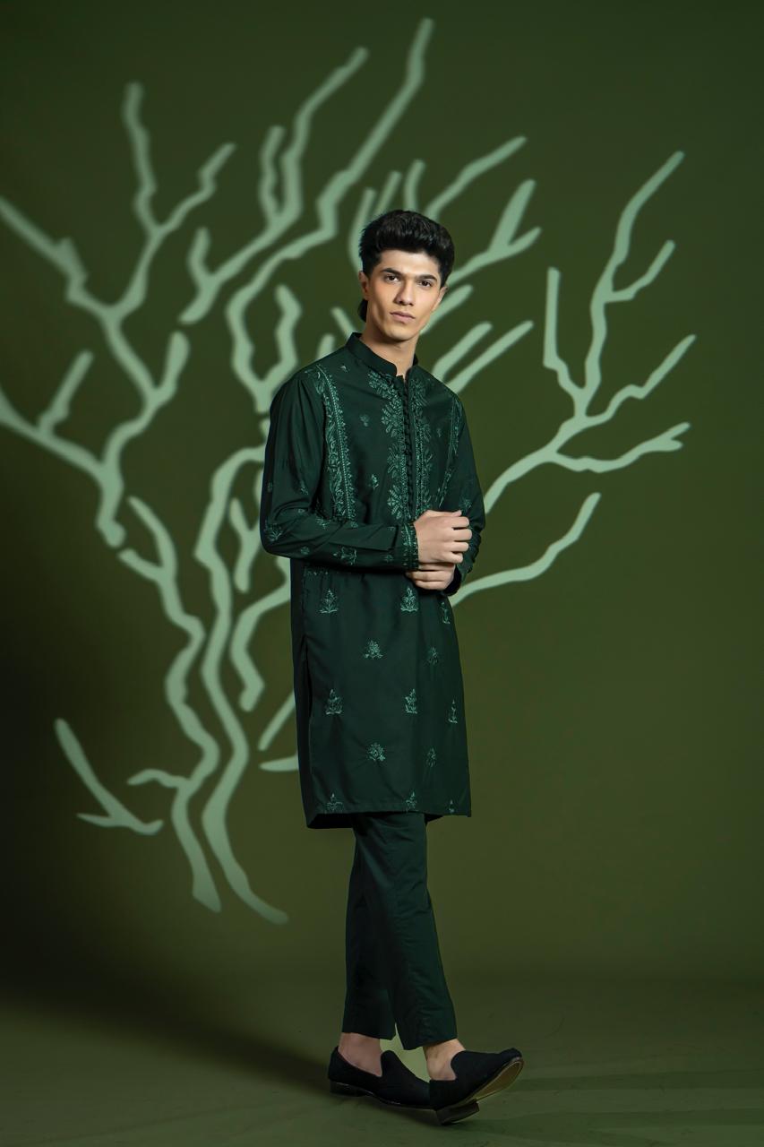 Deep Green Embroidered Wash-and-Wear Kurta Pajama (2-Piece) - Image 1