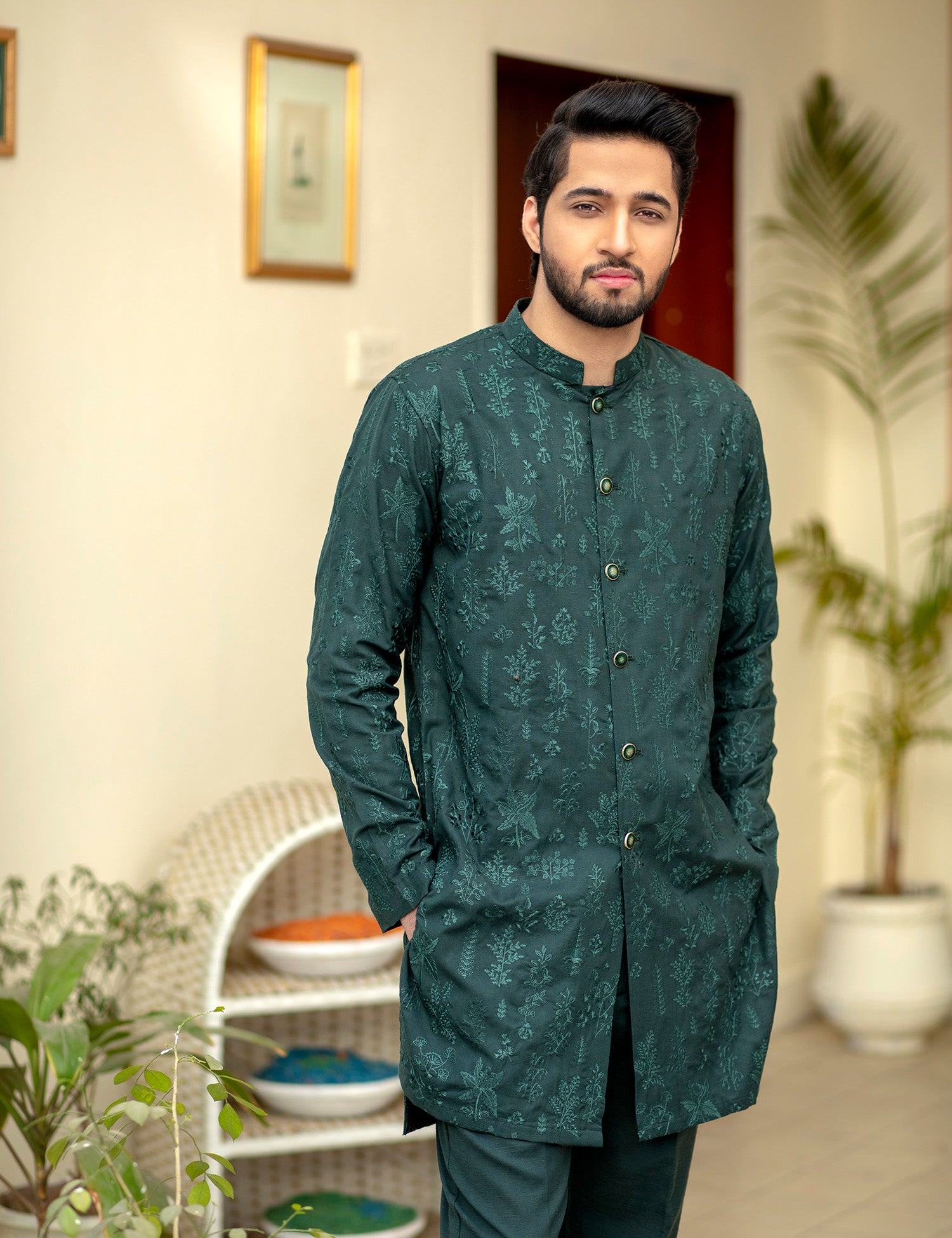 Deep Green Self-Woven Wash & Wear Kurta Pajama (2-Piece) - Image 1