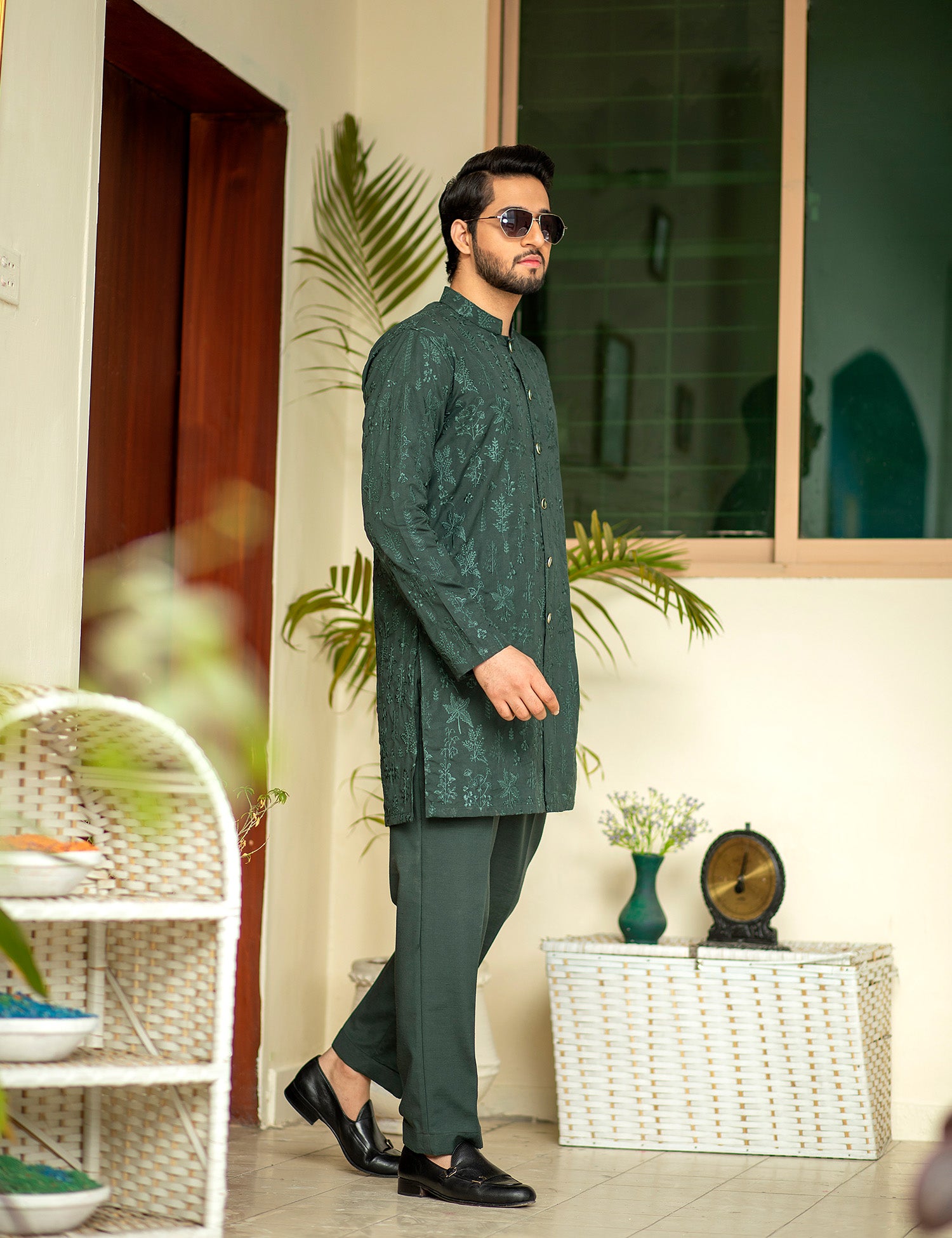 Deep Green Self-Woven Wash & Wear Kurta Pajama (2-Piece) - Image 3